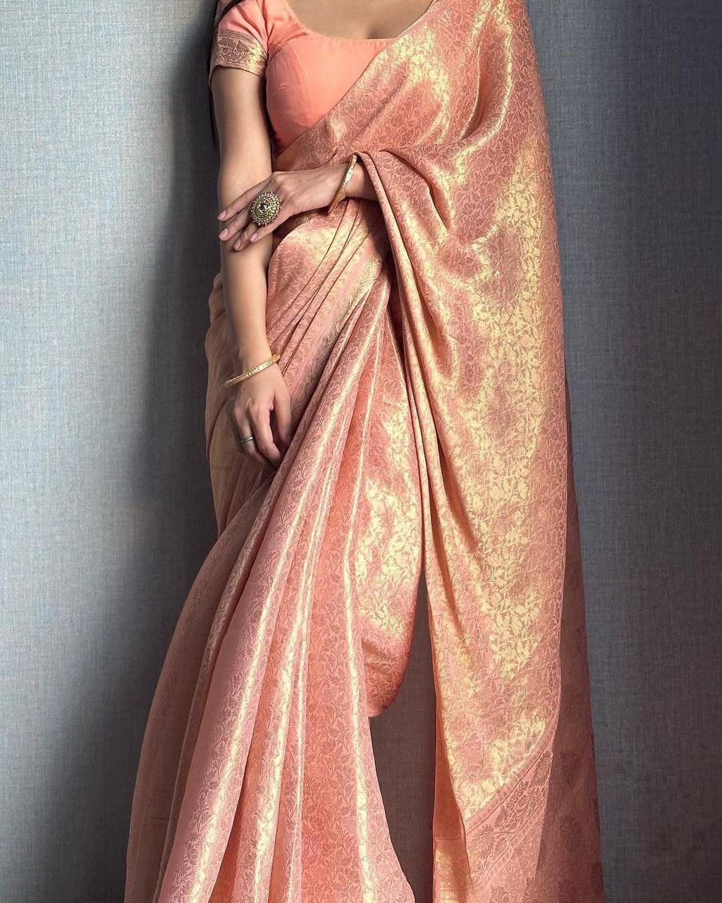 PEACH BANARASI SILK SAREE WITH HEAVY BROCADE BLOUSE & BORDER