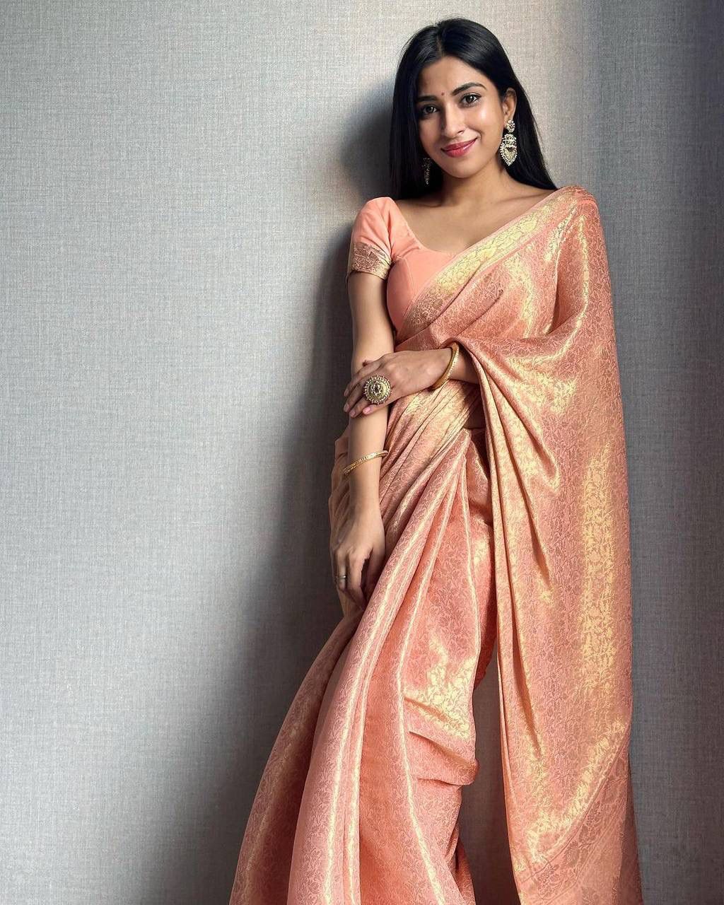 PEACH BANARASI SILK SAREE WITH HEAVY BROCADE BLOUSE & BORDER