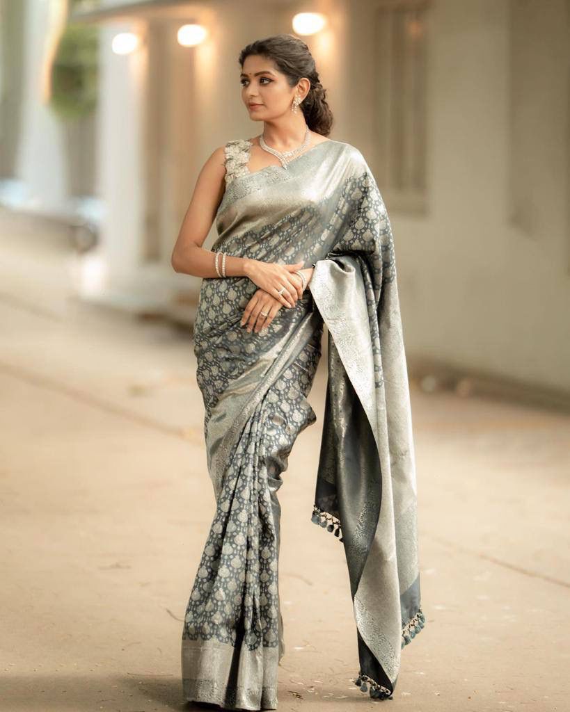 STUNNING GREY BANARASI SILK SAREE WITH HEAVY BROCADE BLOUSE & BORDER