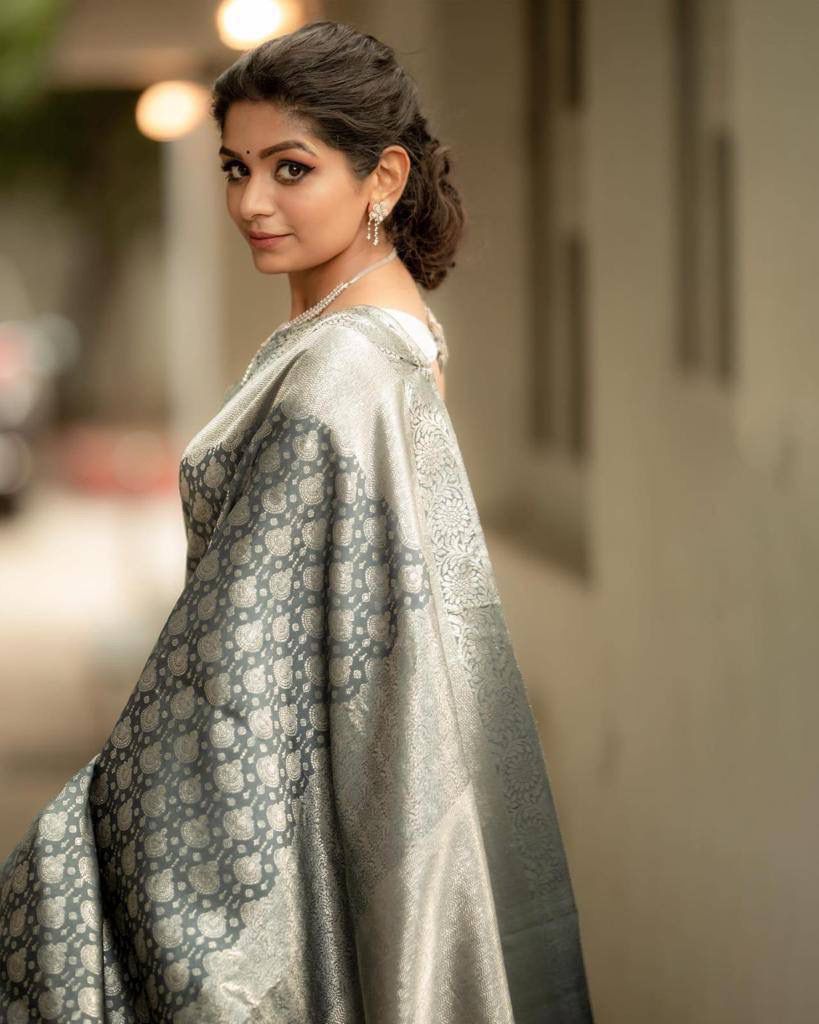 STUNNING GREY BANARASI SILK SAREE WITH HEAVY BROCADE BLOUSE & BORDER