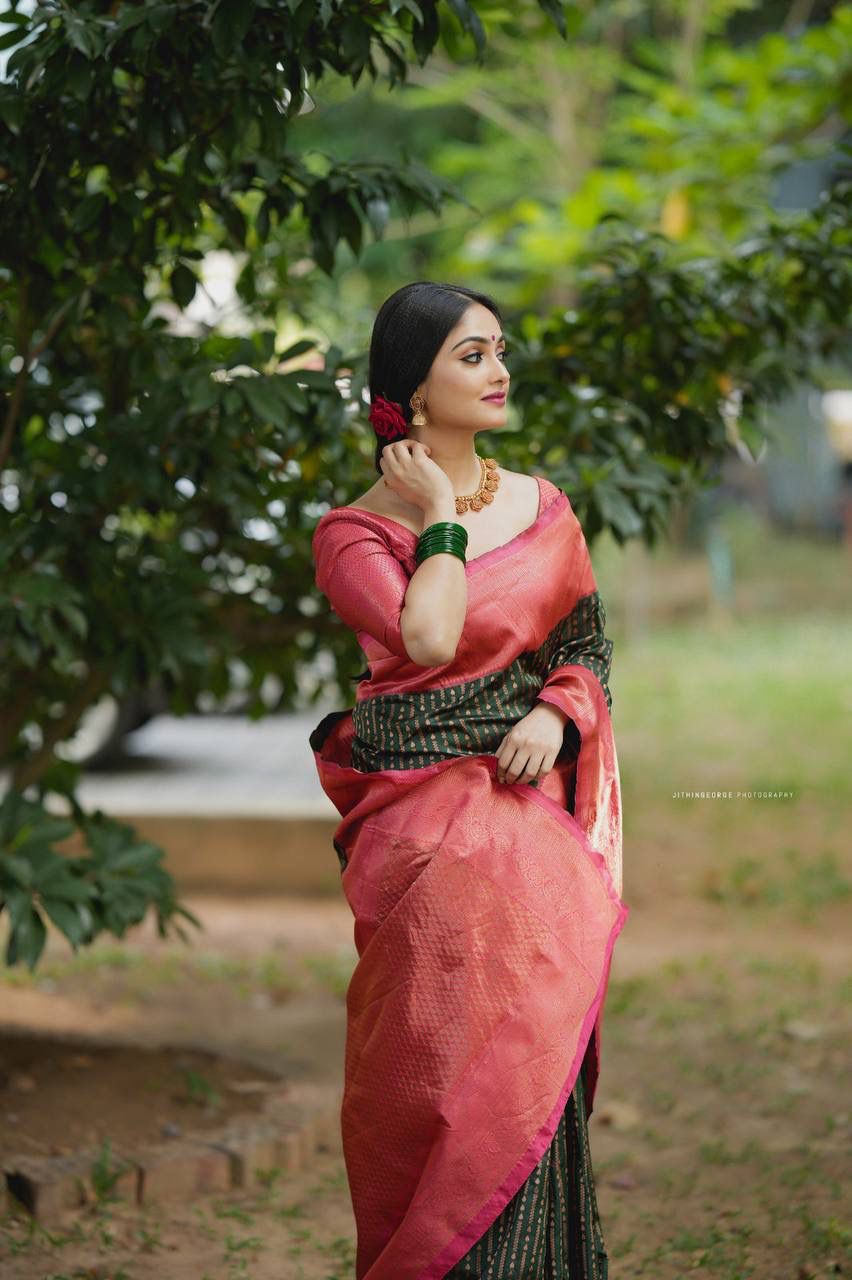 Dark Green & PINK BANARASI SILK SAREE With Heavy Brocade Blouse