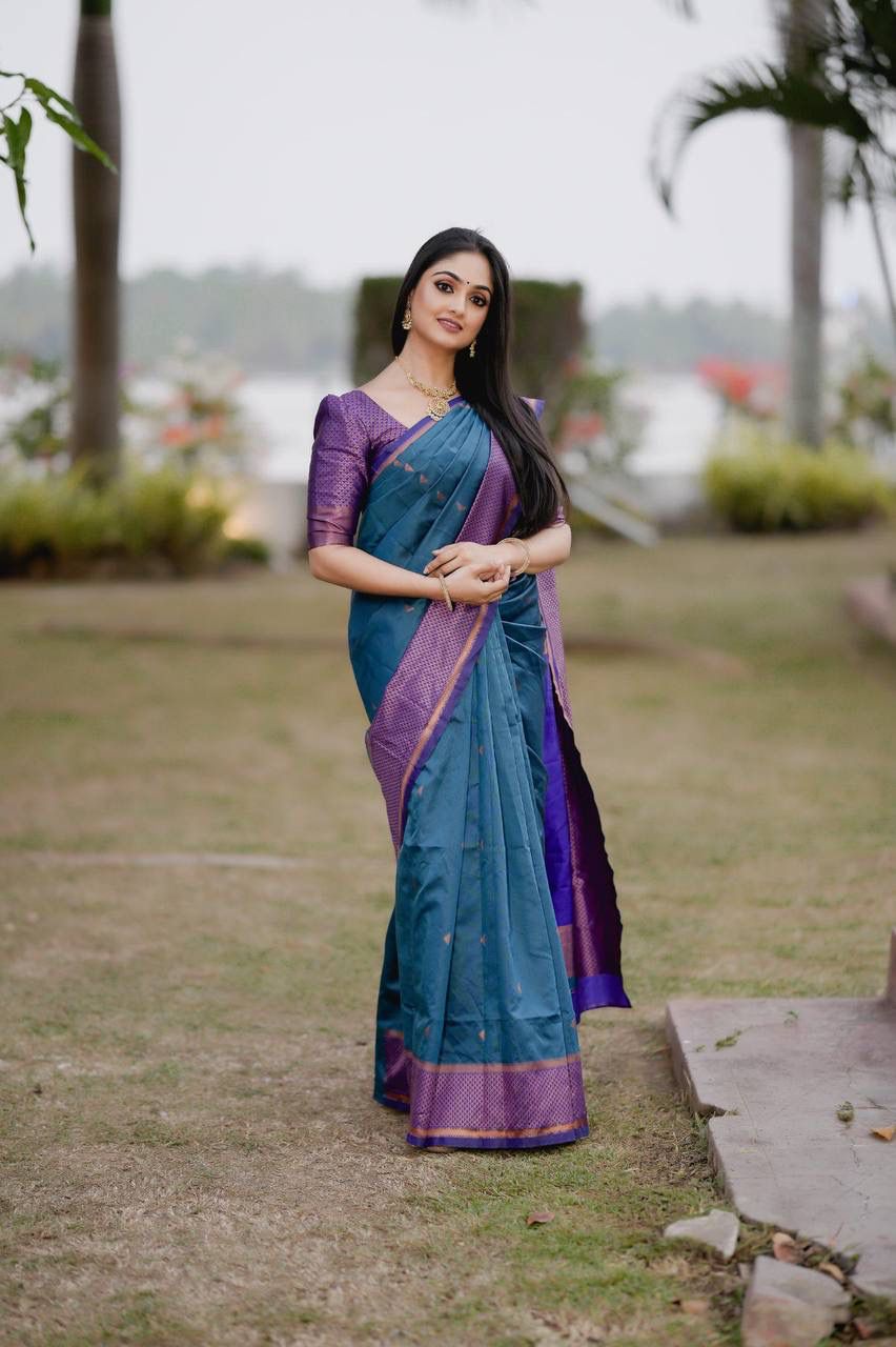 RAMA WITH ROYAL BLUE BANARASI SILK WITH COPPER ZARI WEAVING SAREE