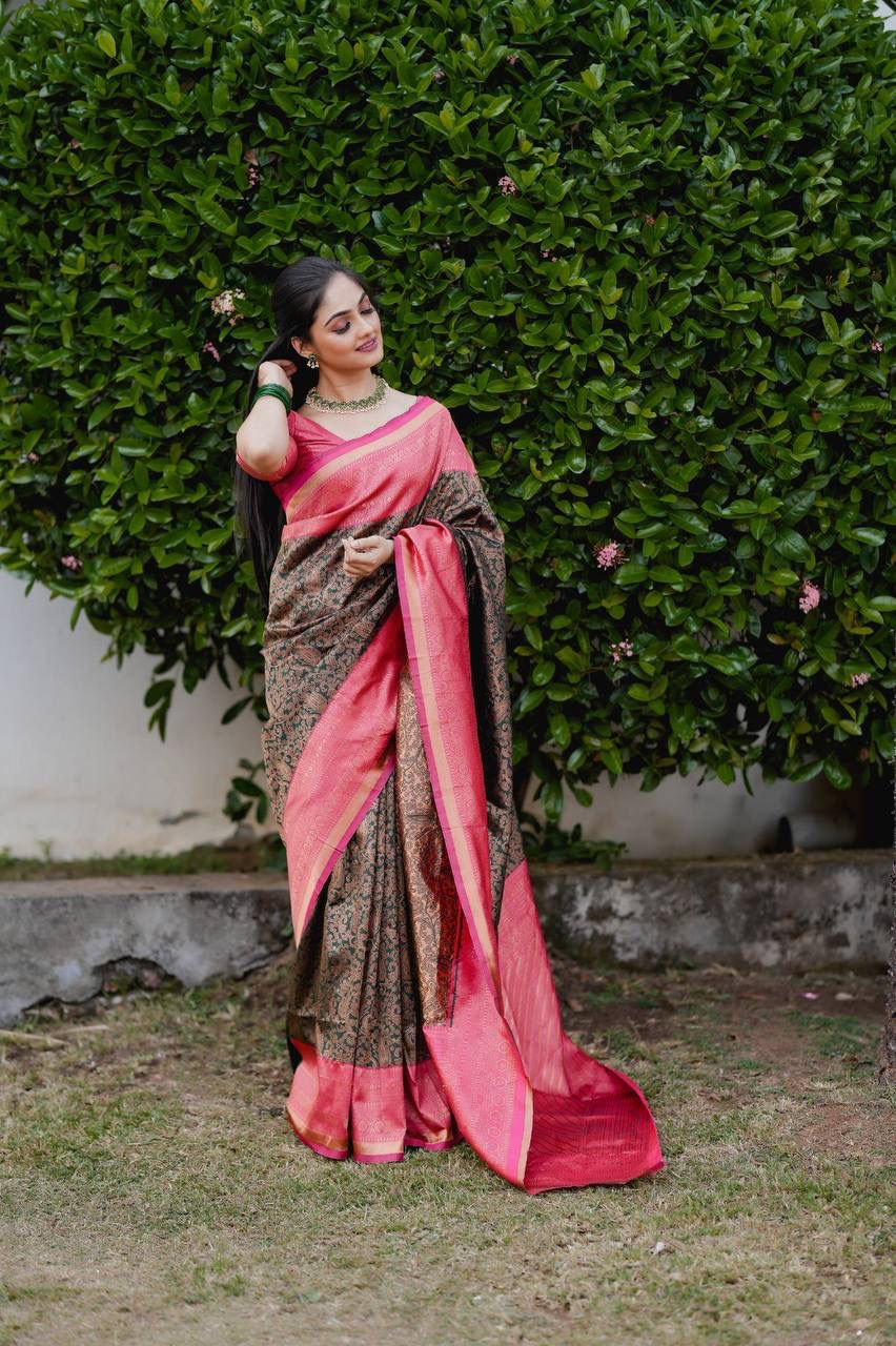 Green AND PINK BANARASI SILK SAREE With Heavy Brocade Blouse