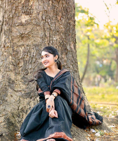 BLACK & BROWN  BANARASI SILK SAREE WITH HEAVY BROCADE BLOUSE