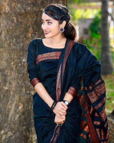 BLACK & BROWN  BANARASI SILK SAREE WITH HEAVY BROCADE BLOUSE