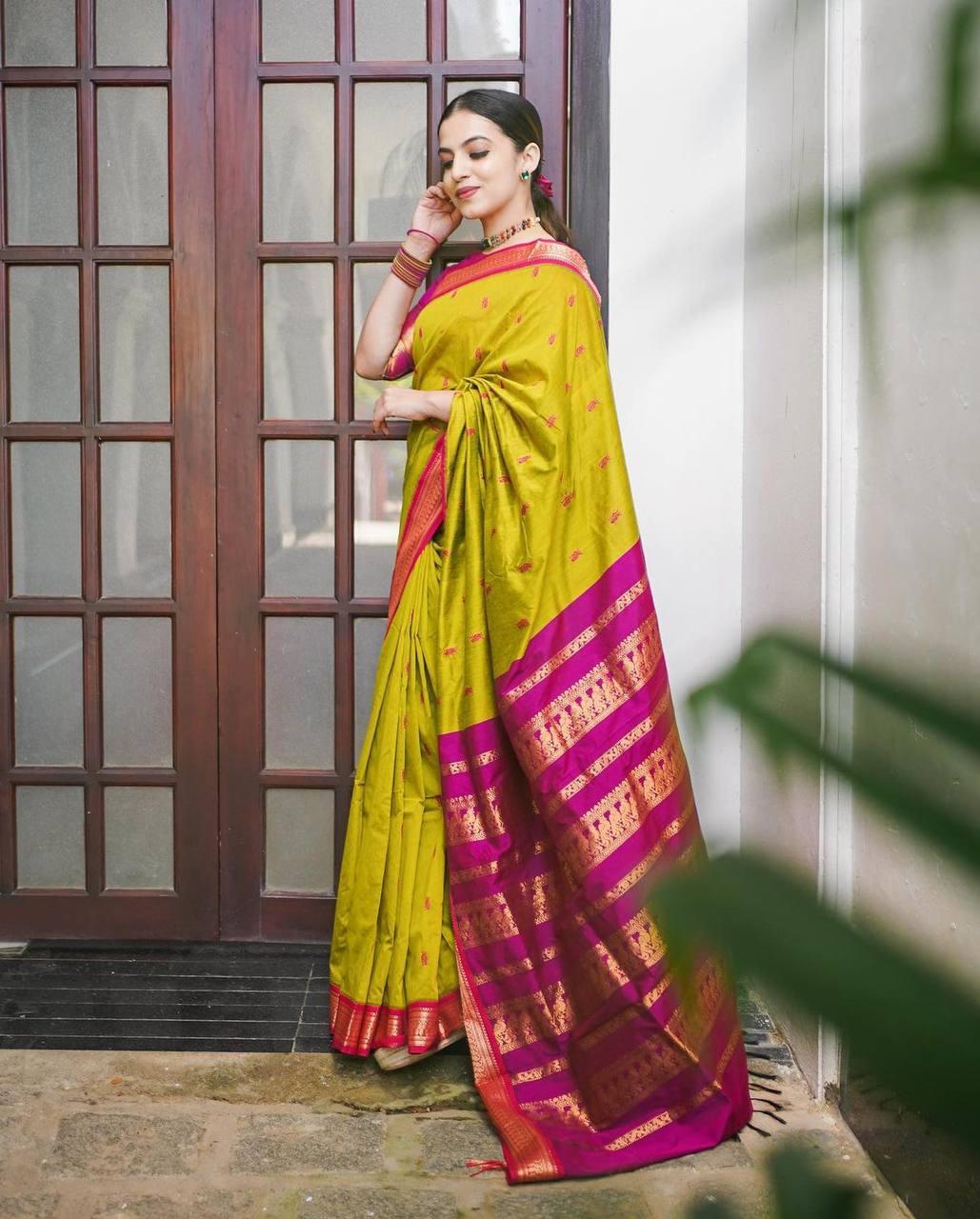 YELLOW & PINK PURE SEMI SILK BANARASI SAREE WITH HEAVY BROCADE BLOUSE