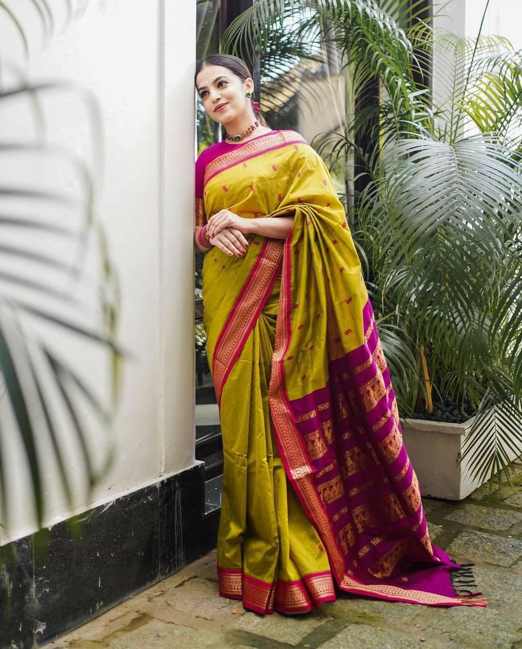 YELLOW & PINK PURE SEMI SILK BANARASI SAREE WITH HEAVY BROCADE BLOUSE