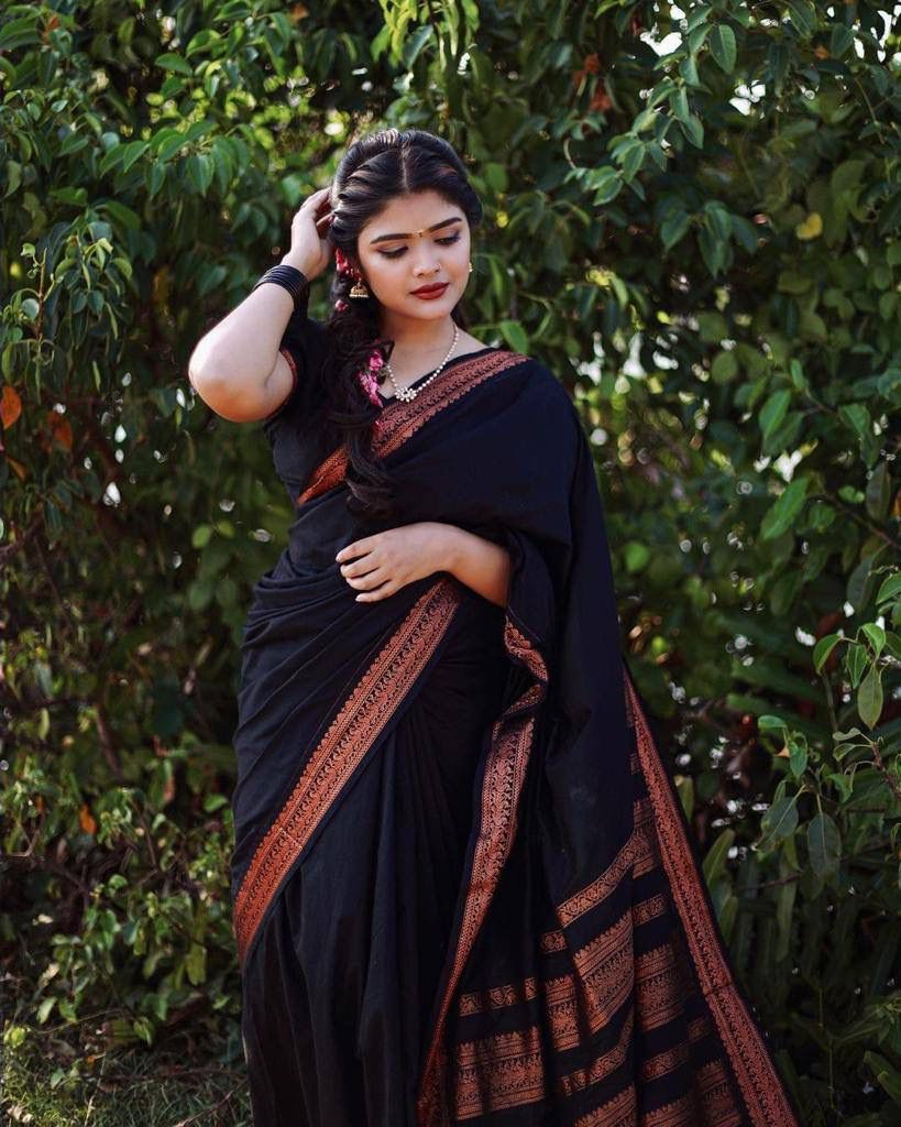 BLACK PURE SEMI SILK BANARASI SAREE WITH HEAVY BROCADE BLOUSE