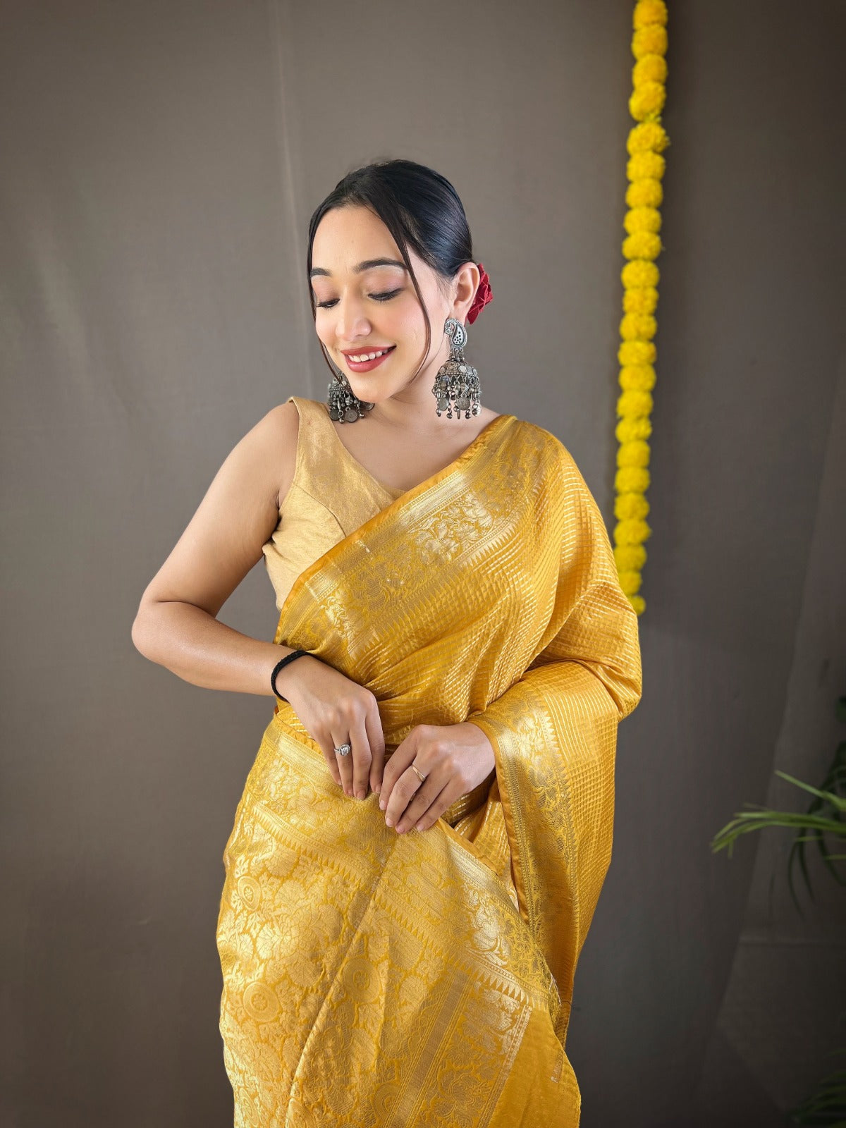 yellow Soft copper weaving saree rich pallu and brocade blouse