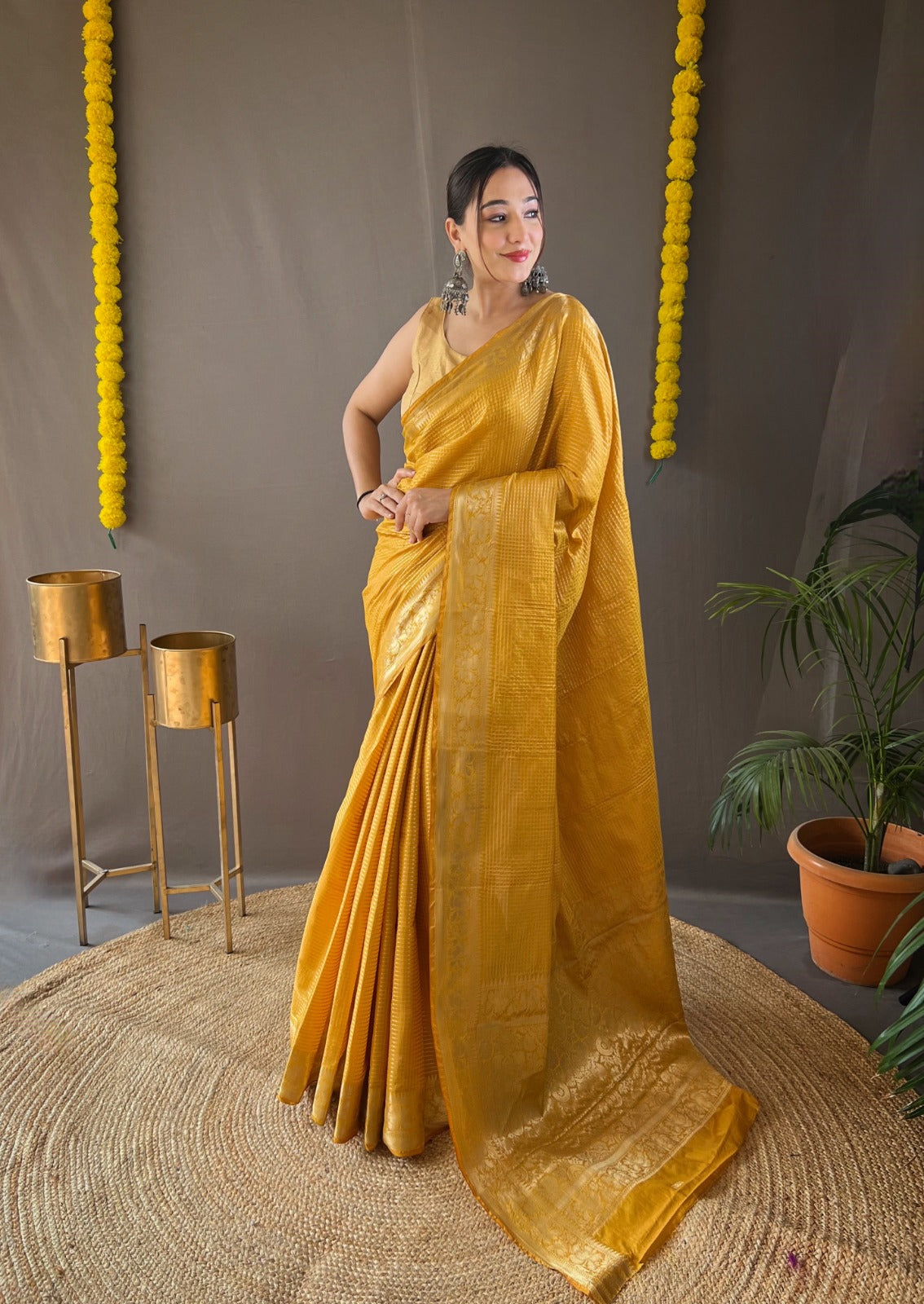 yellow Soft copper weaving saree rich pallu and brocade blouse