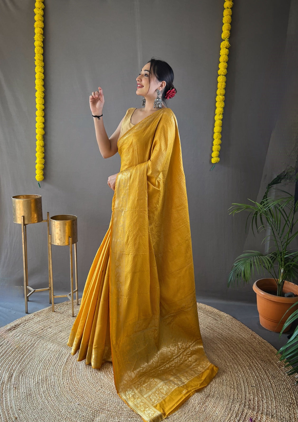 yellow Soft copper weaving saree rich pallu and brocade blouse