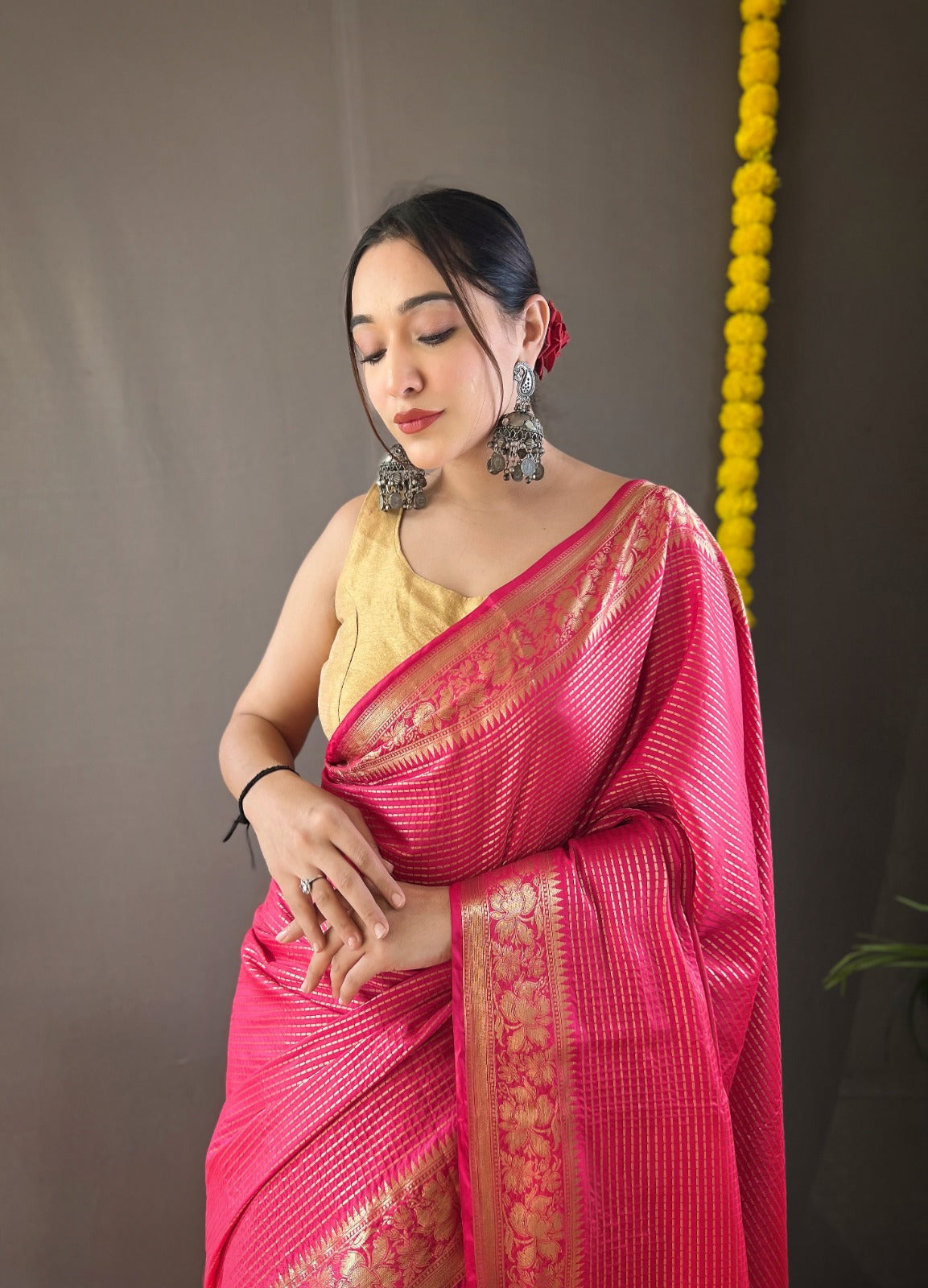 MAGENTA PINK Soft copper weaving saree rich pallu and brocade blouse