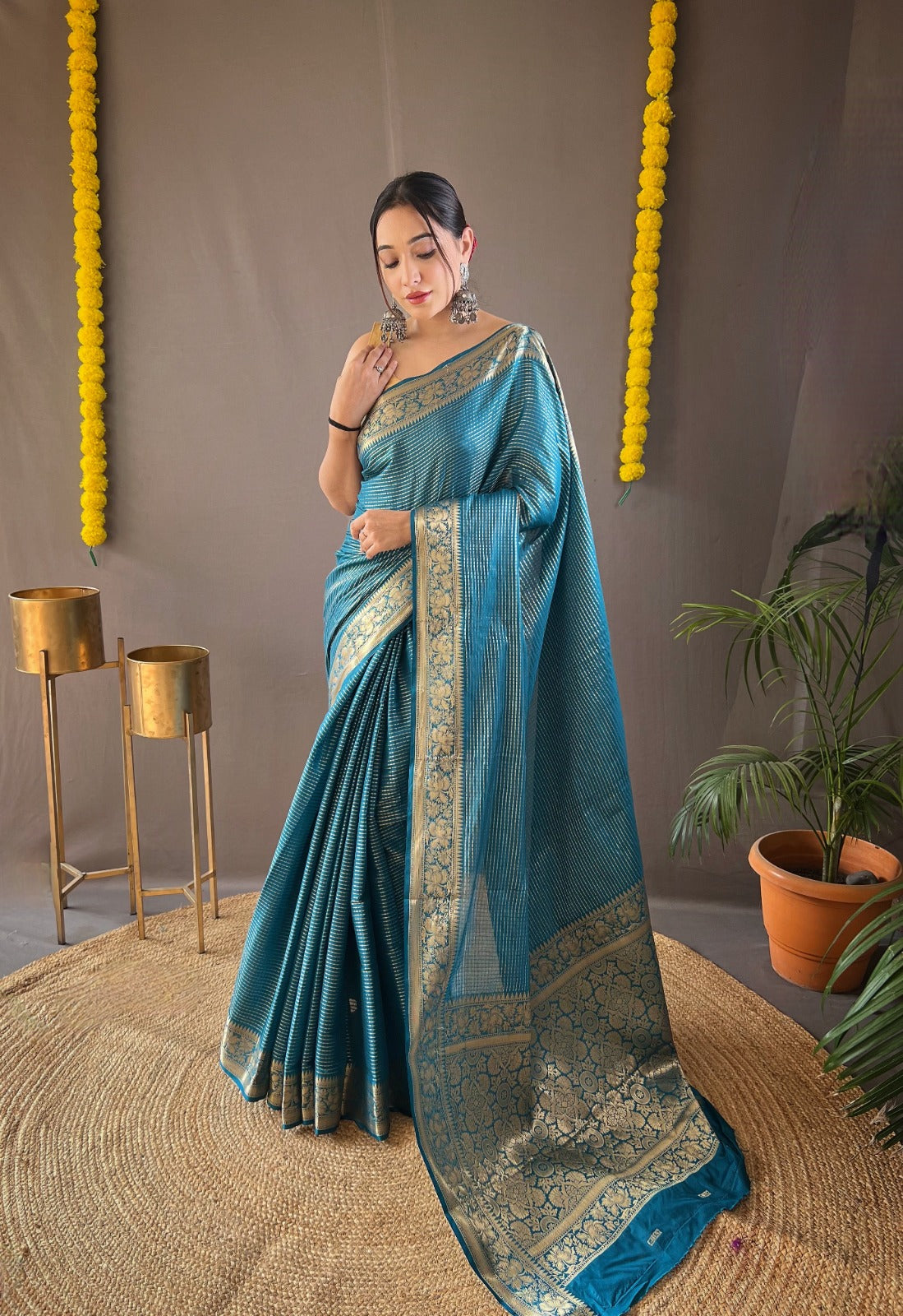 ADMIRAL BLUE Soft copper weaving saree rich pallu and brocade blouse