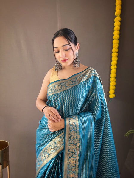 ADMIRAL BLUE Soft copper weaving saree rich pallu and brocade blouse