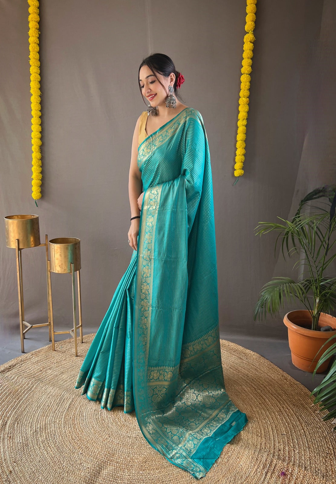 CERULEAN BLUE Soft copper weaving saree rich pallu and brocade blouse