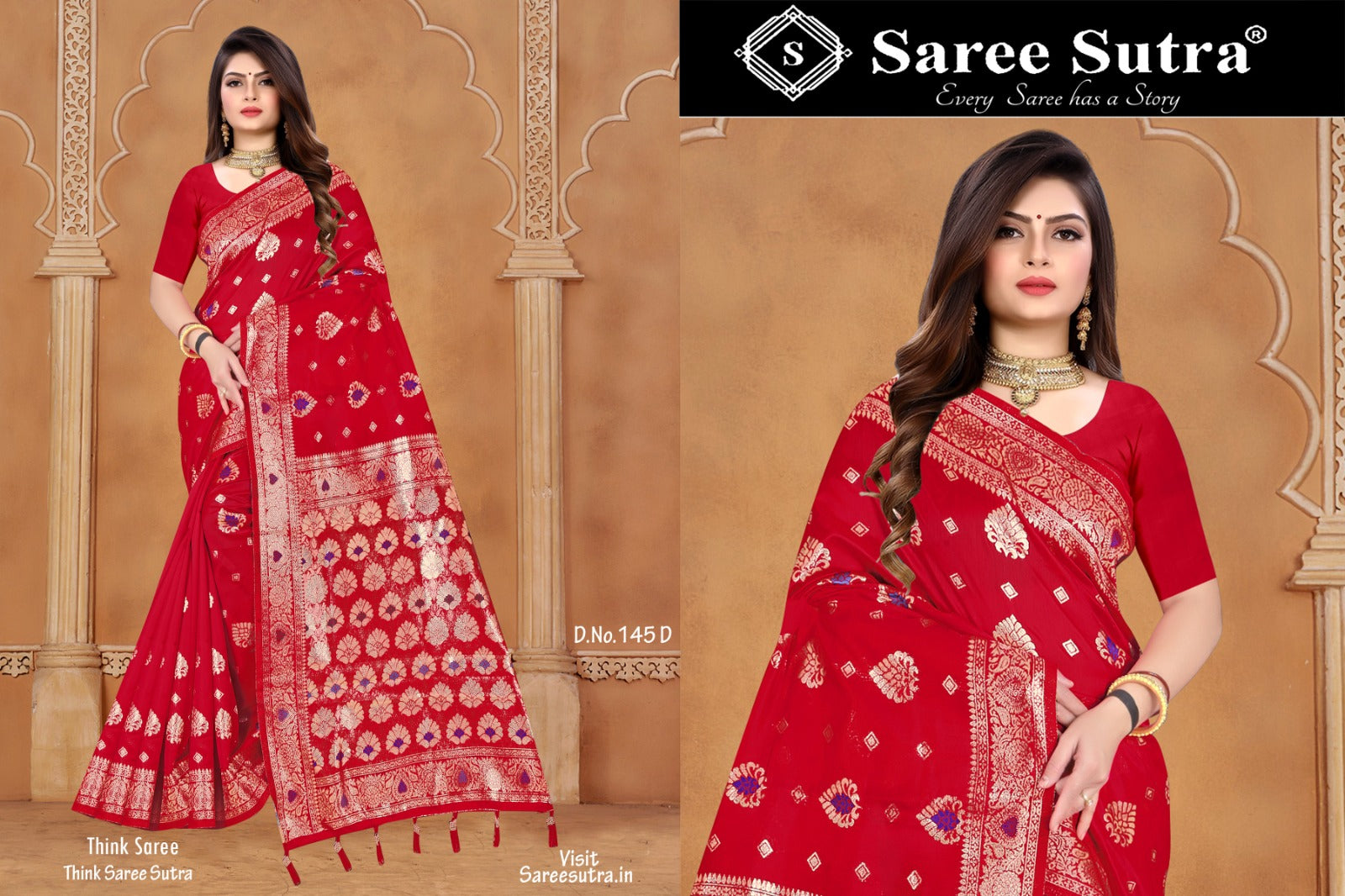 CHERRY RED SILK SAREE WITH ZARI WEAVING