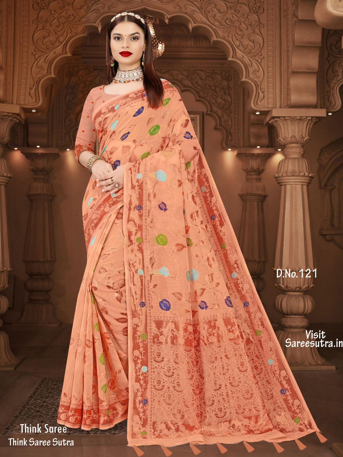 PEACH COTTON BANARASI SILK WITH COPPER ZARI WEAVING SAREE