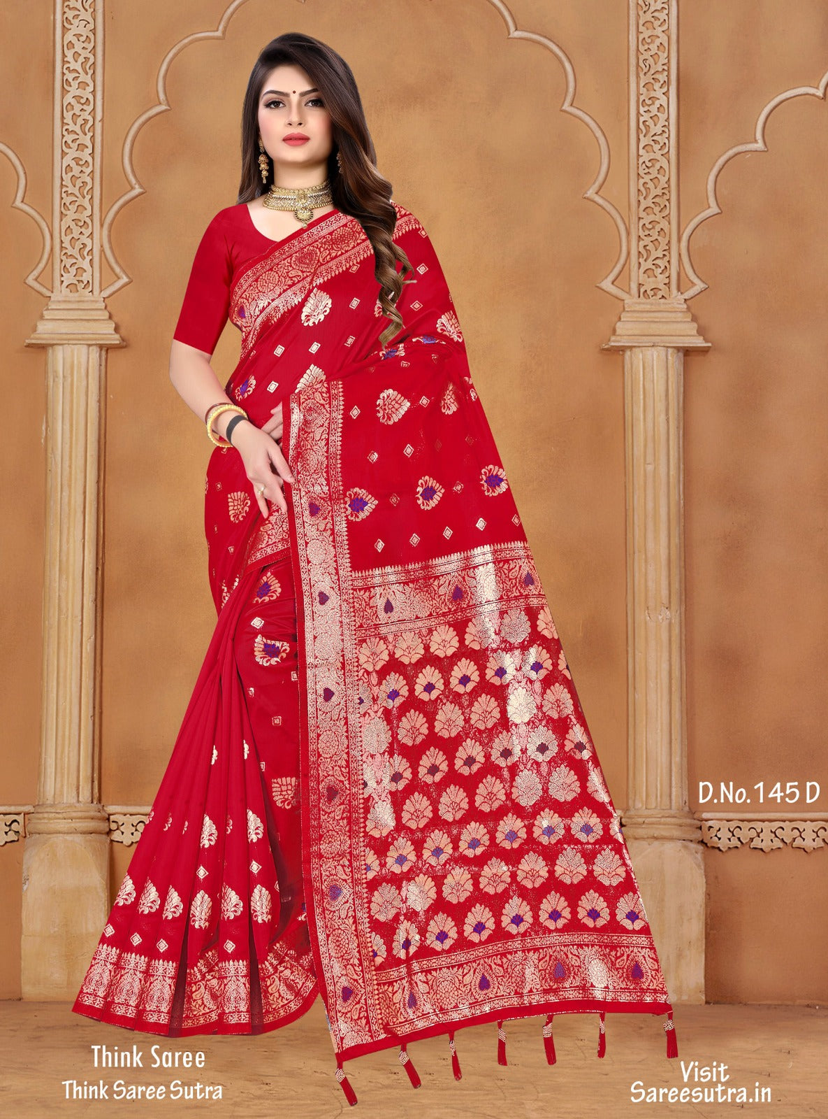 CHERRY RED SILK SAREE WITH ZARI WEAVING