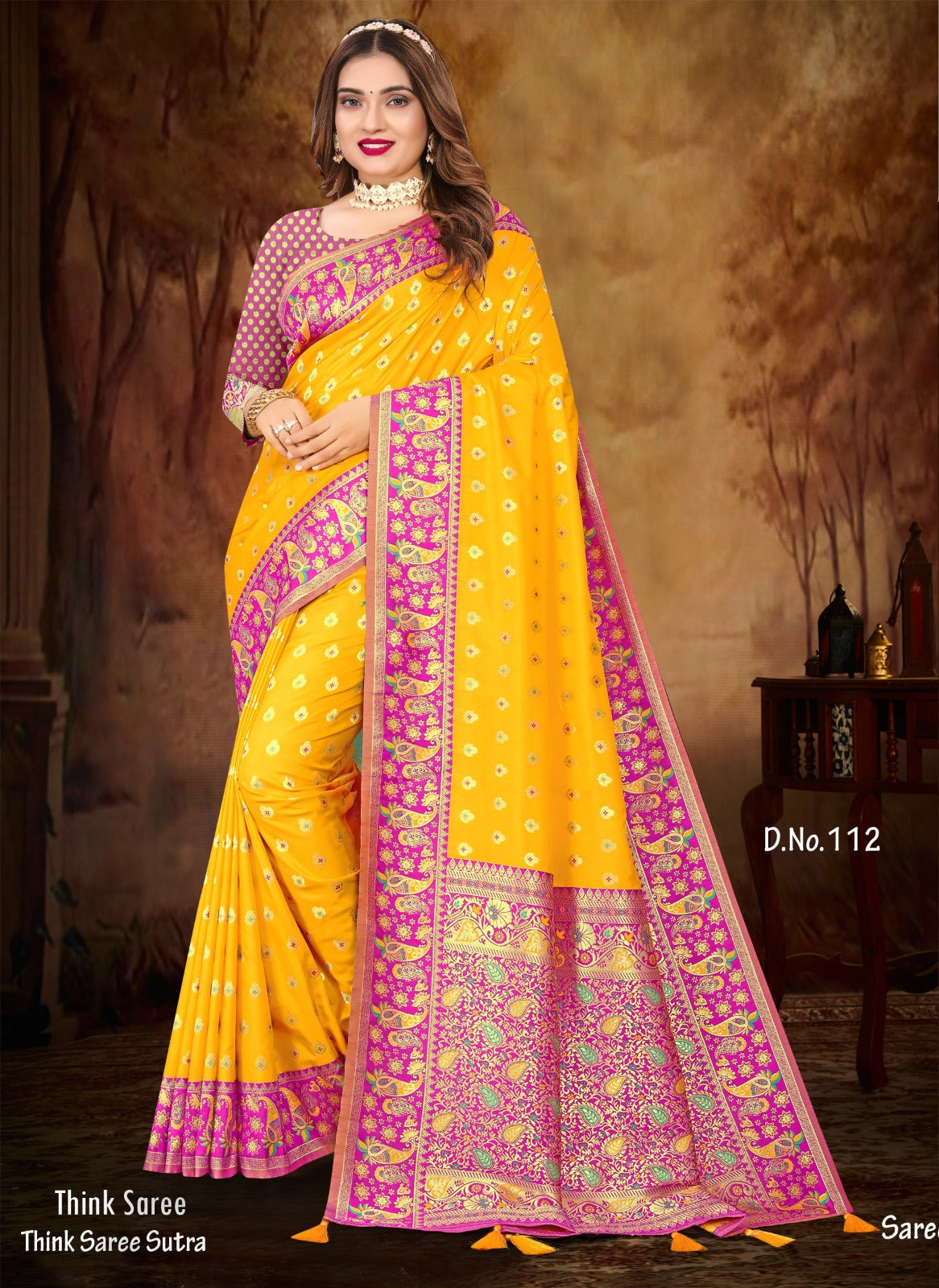 AUREOLIN YELLOW & PINK HANDLOOM WEAVE KANJIVARAM SILK SAREE