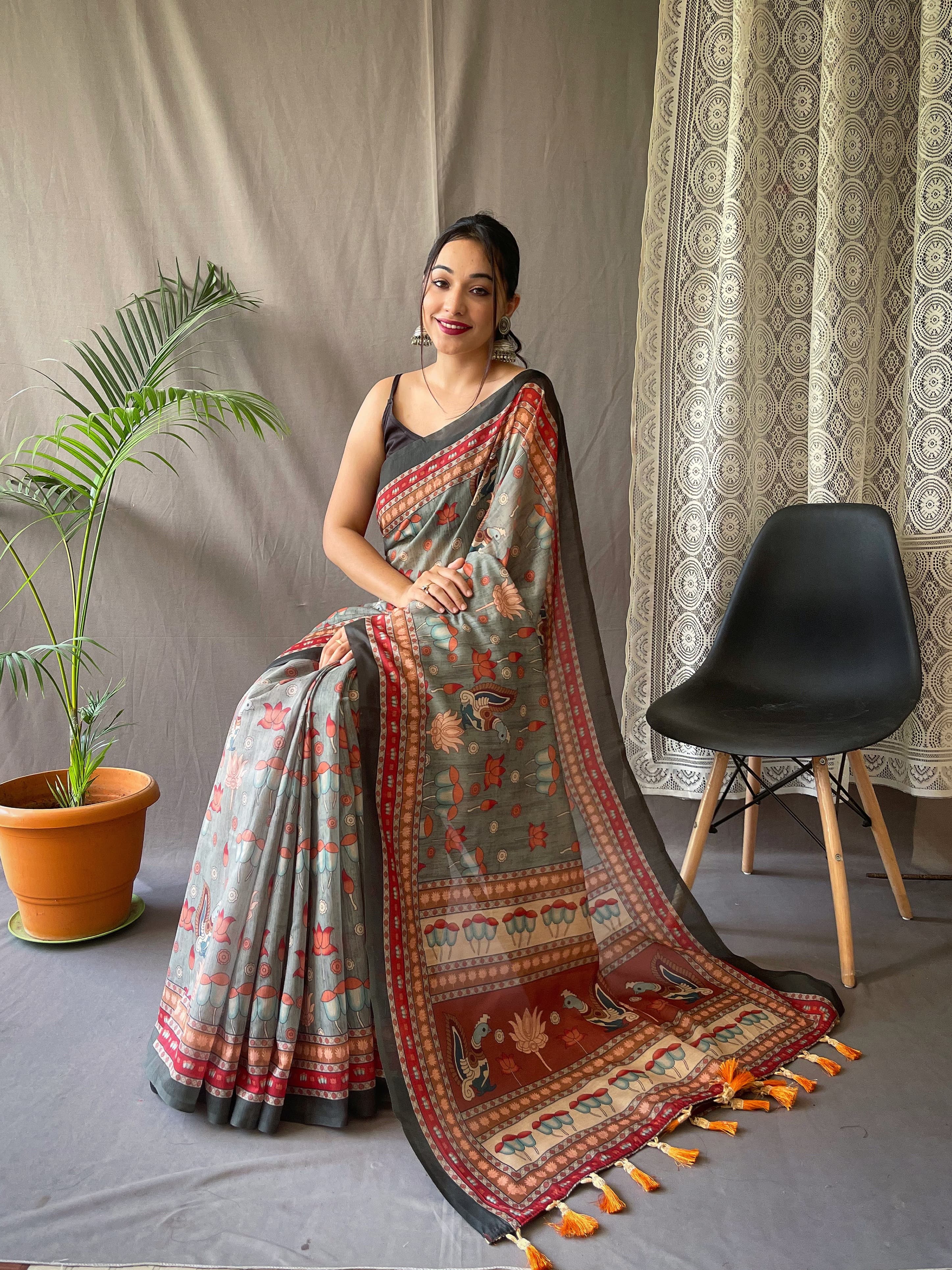 PRIMAL GREEN KALAMKARI PRINTED SOFT COTTON SAREE