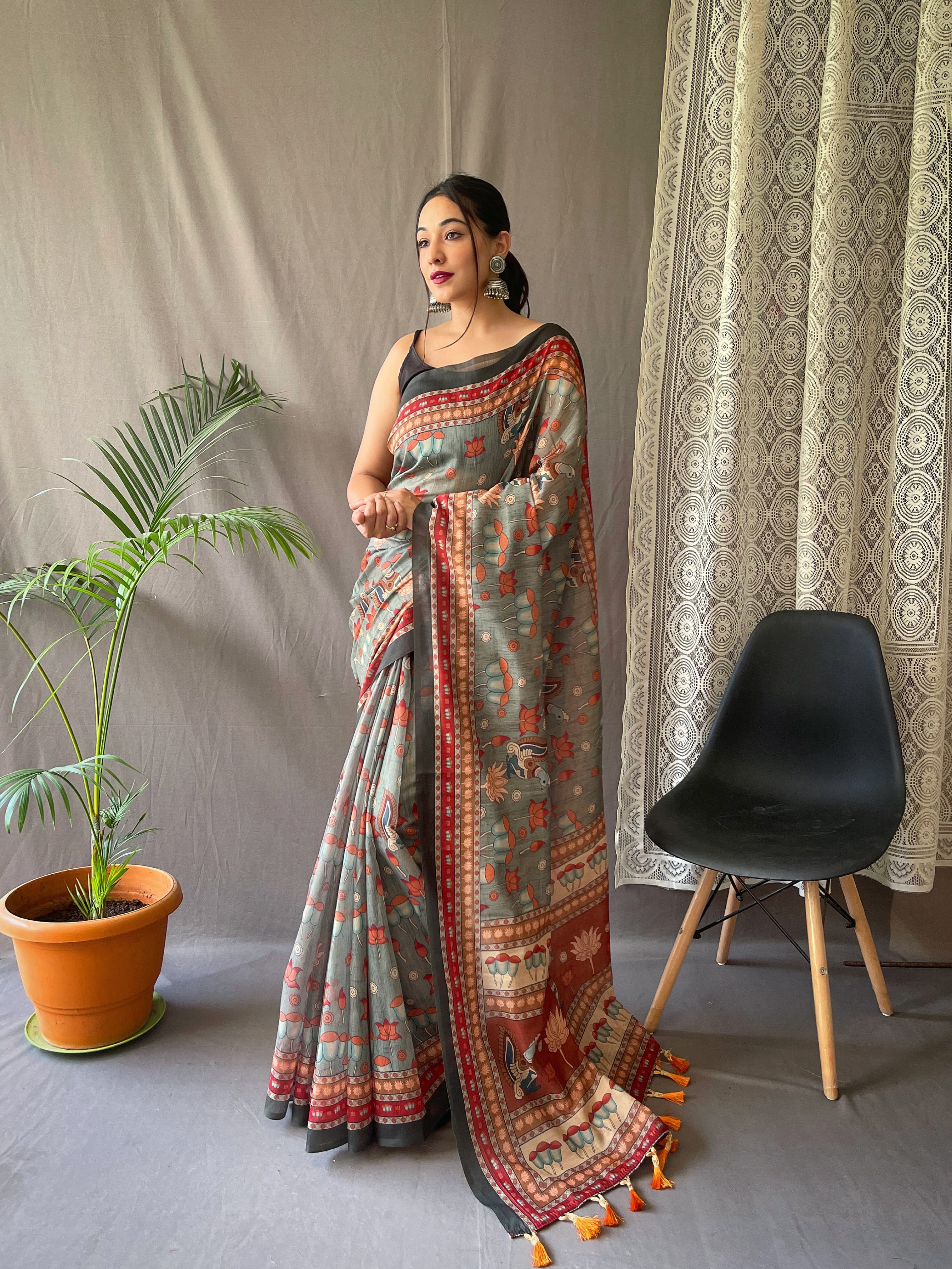 PRIMAL GREEN KALAMKARI PRINTED SOFT COTTON SAREE