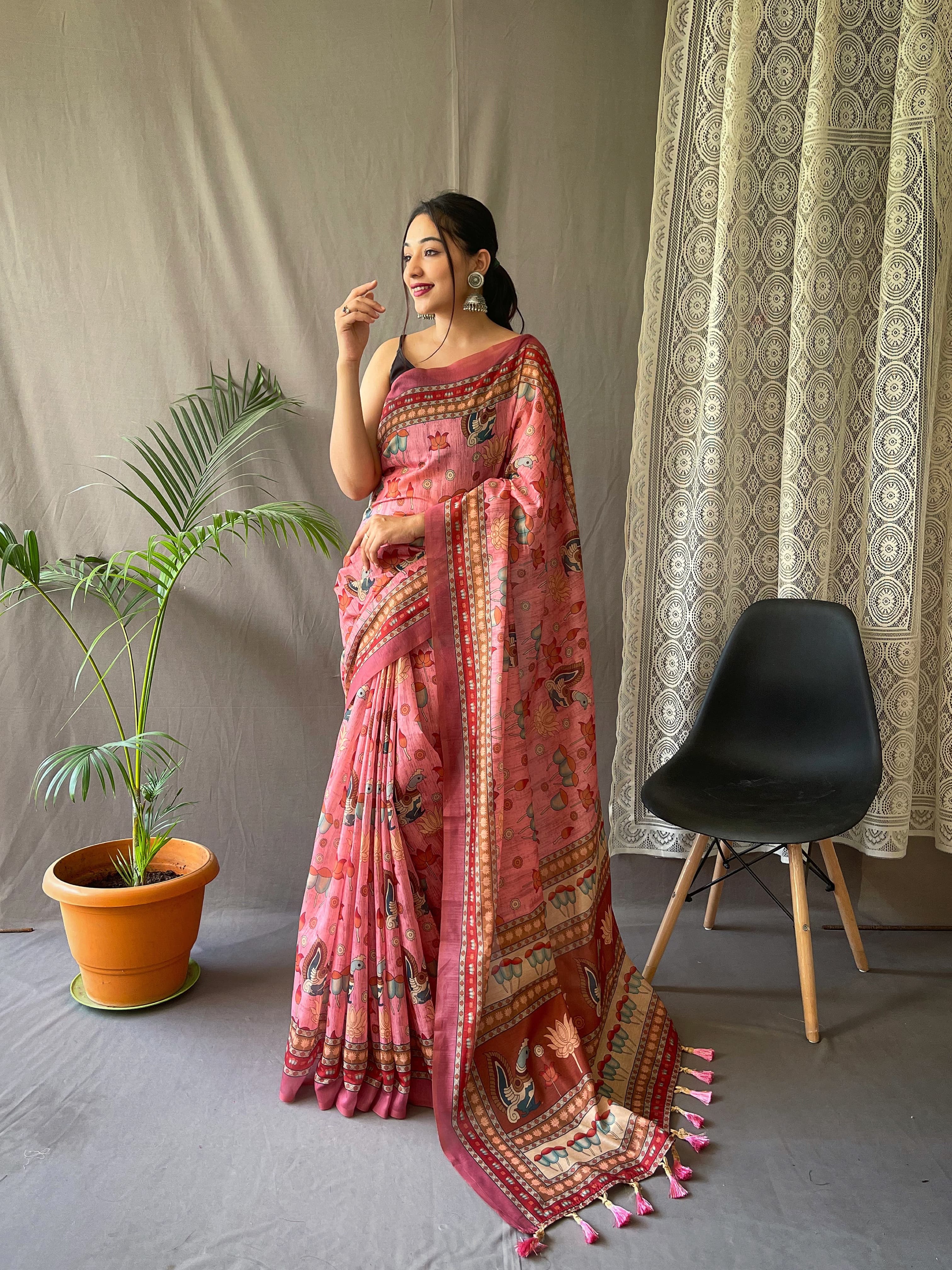 SWEET PINK  KALAMKARI PRINTED SOFT COTTON SAREE