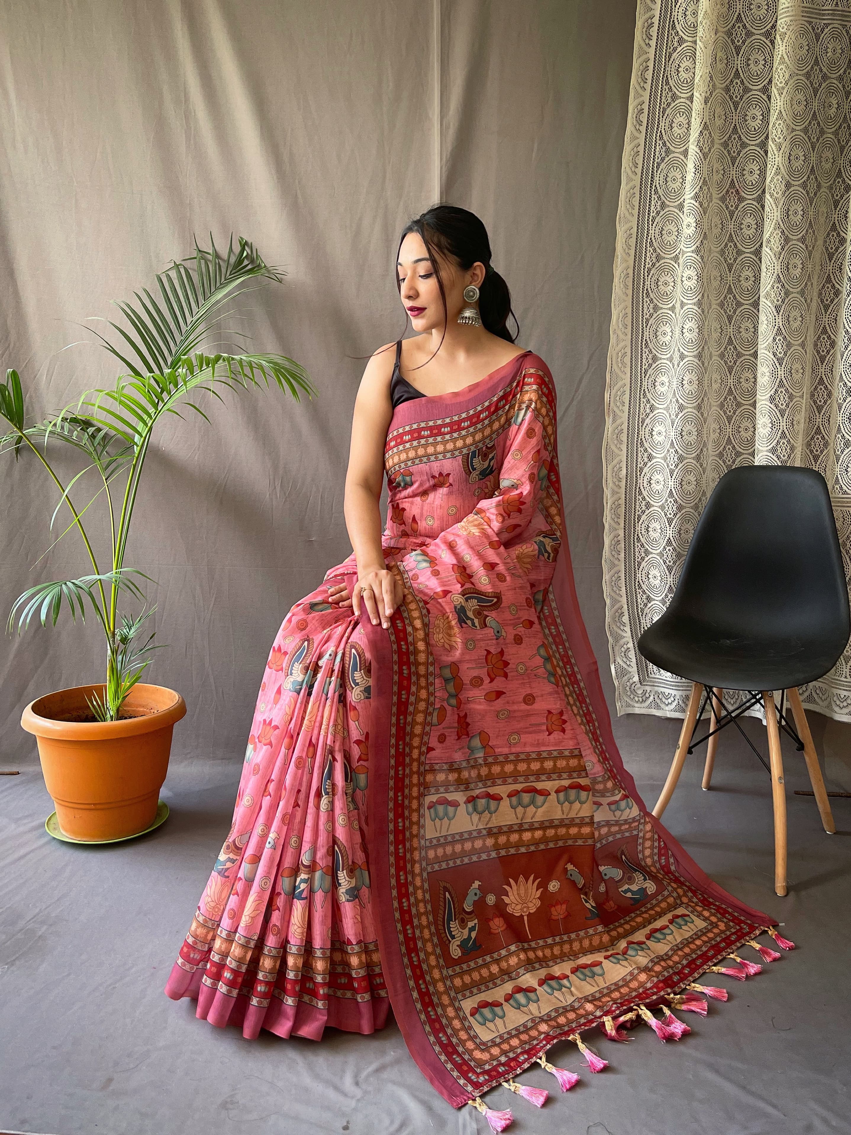 SWEET PINK  KALAMKARI PRINTED SOFT COTTON SAREE