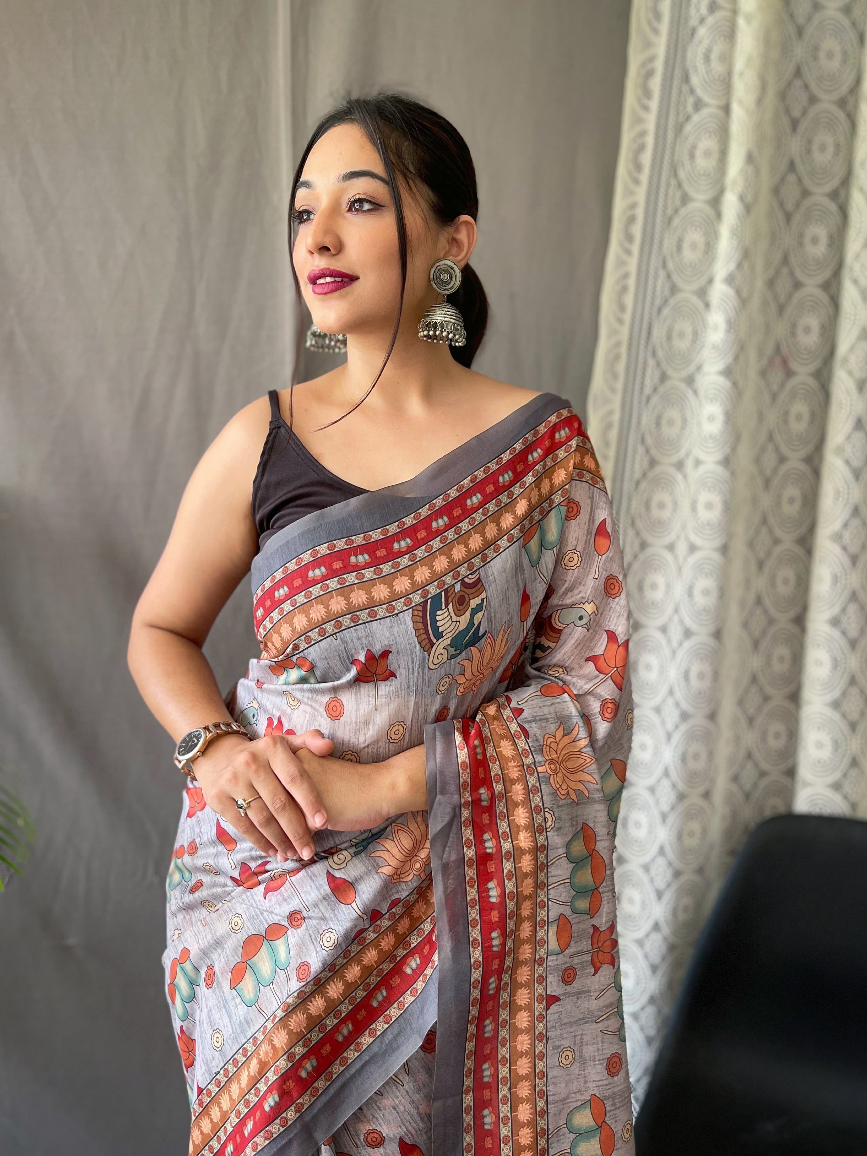 KOALA GREY KALAMKARI PRINTED SOFT COTTON SAREE