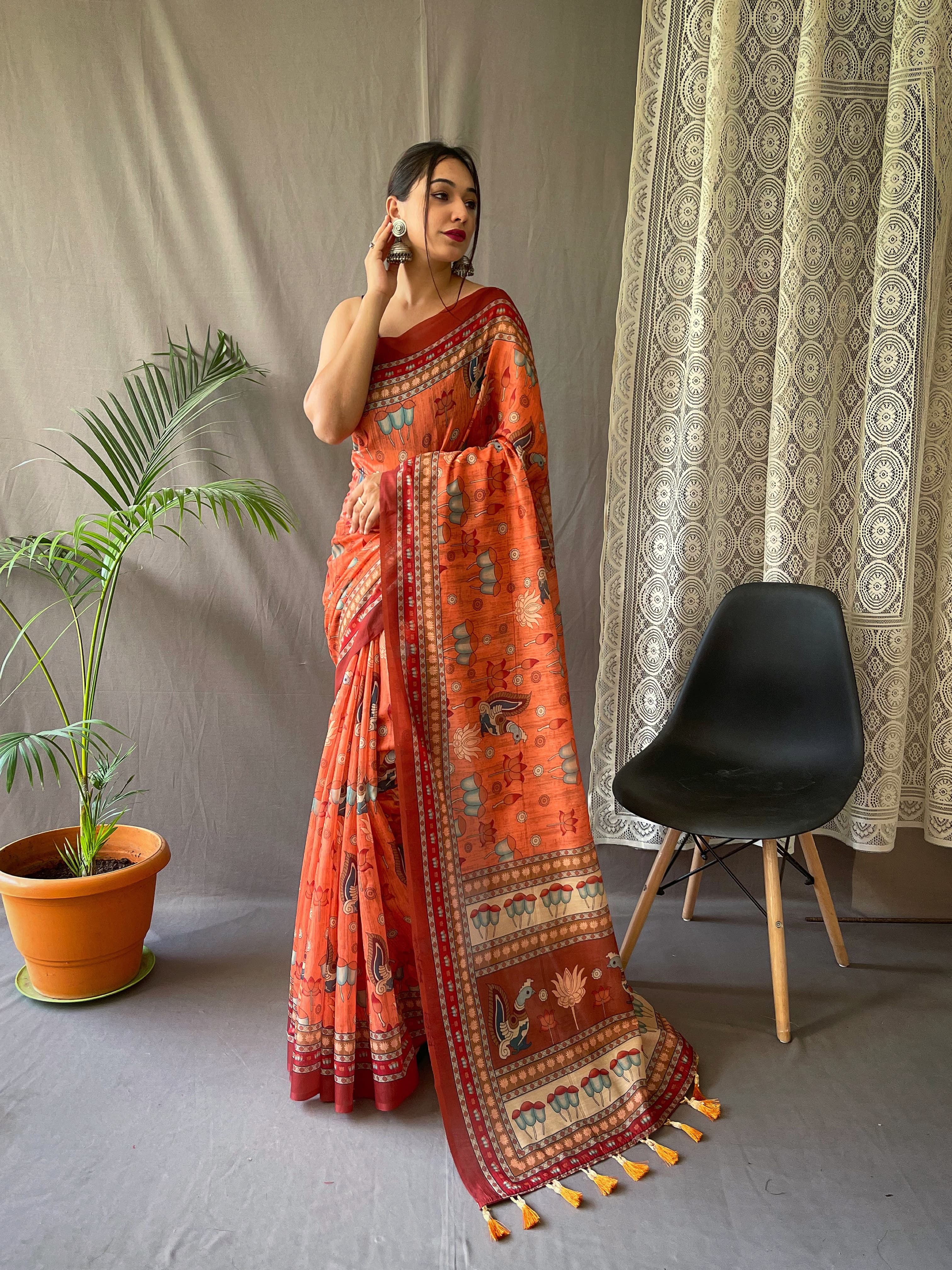 STARFISH ORANGE KALAMKARI PRINTED SOFT COTTON SAREE