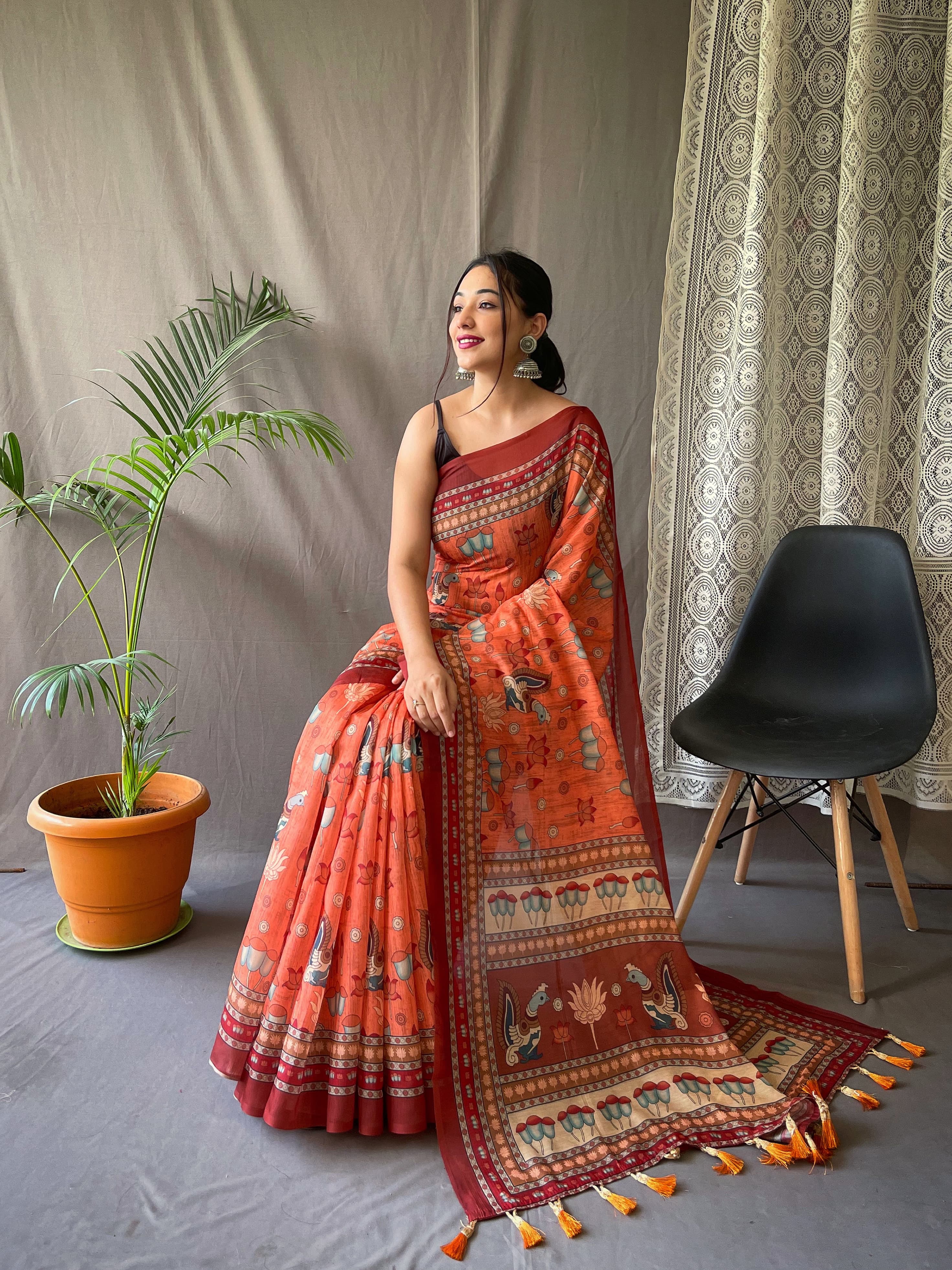 STARFISH ORANGE KALAMKARI PRINTED SOFT COTTON SAREE