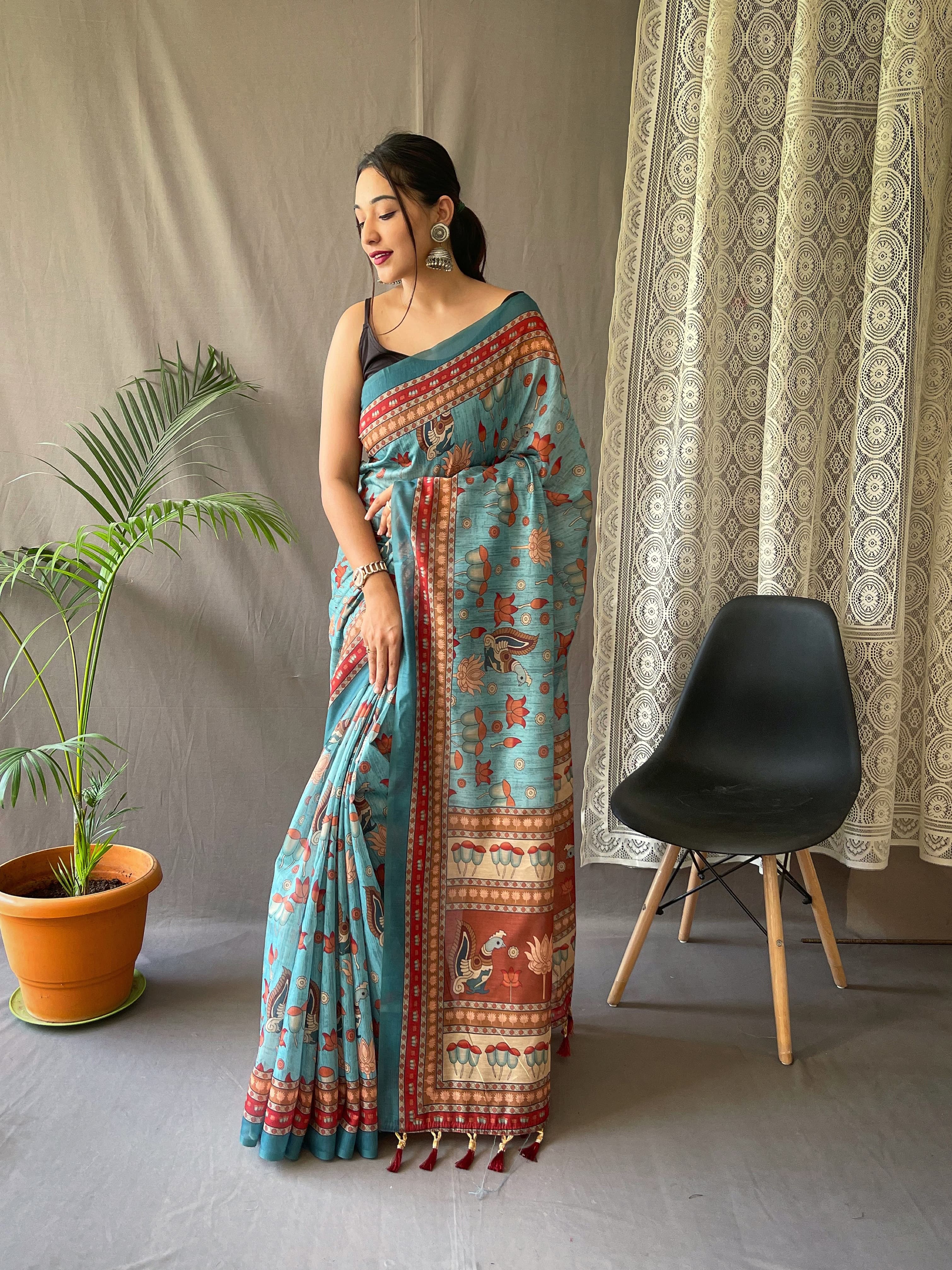 CORNFLOWER BLUE  KALAMKARI PRINTED SOFT COTTON SAREE