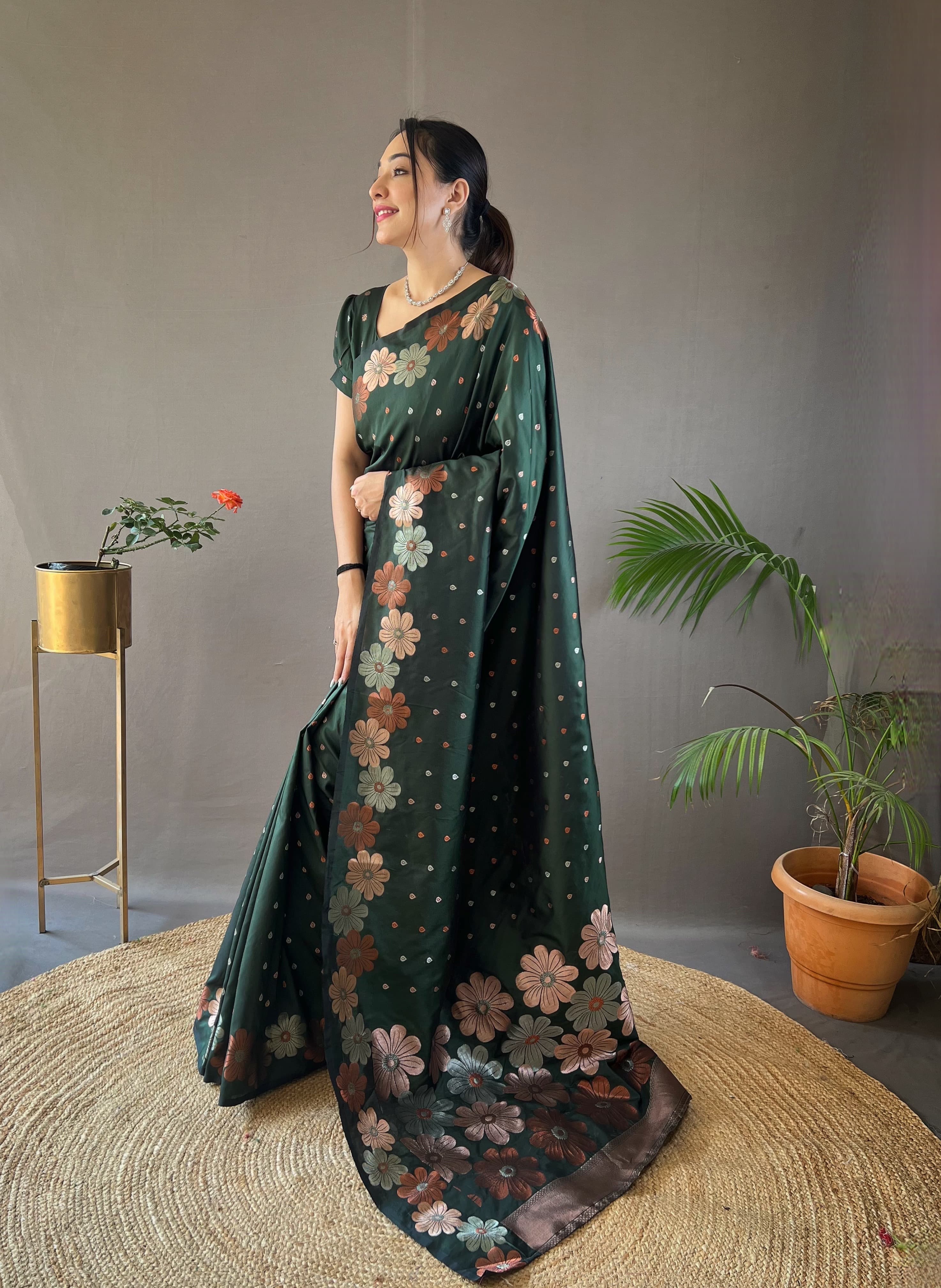 JUNIPER GREEN WOVEN BANARASI SILK SAREE