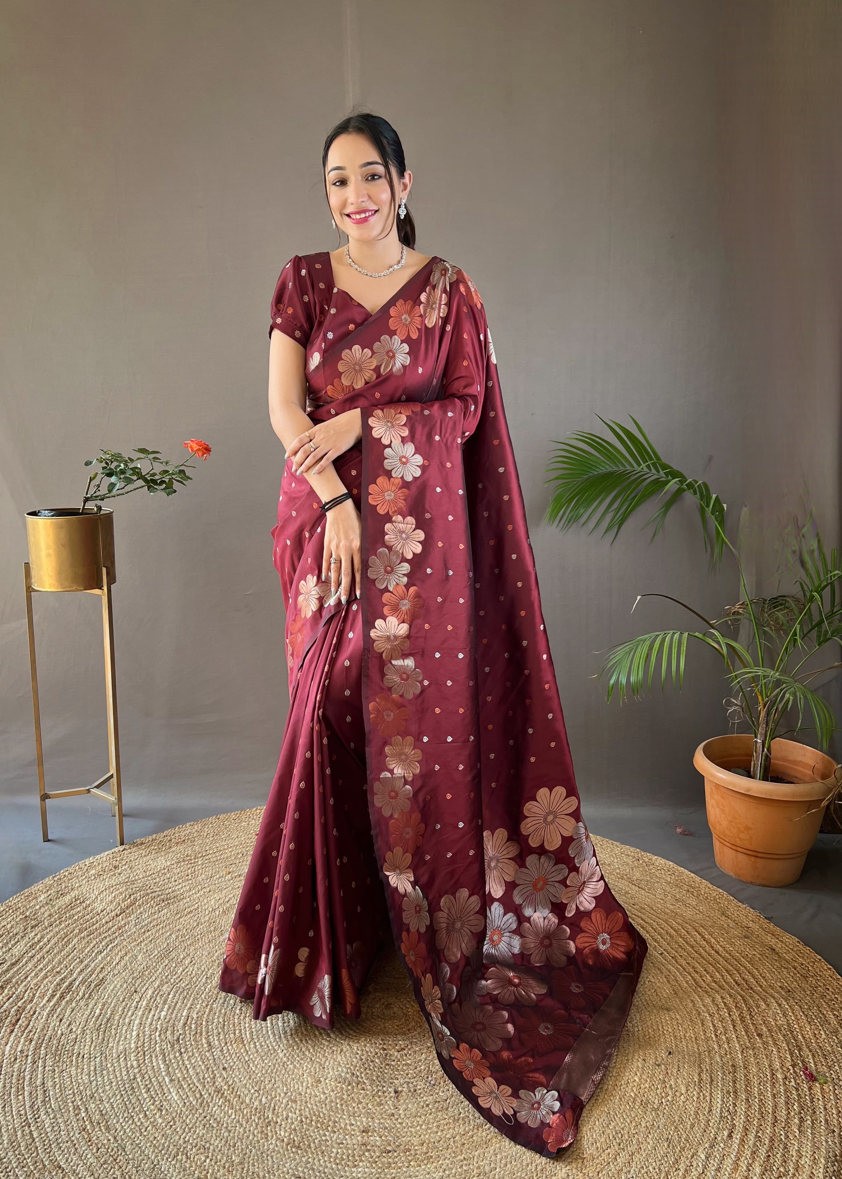 MAROON BROWN WOVEN BANARASI SILK SAREE