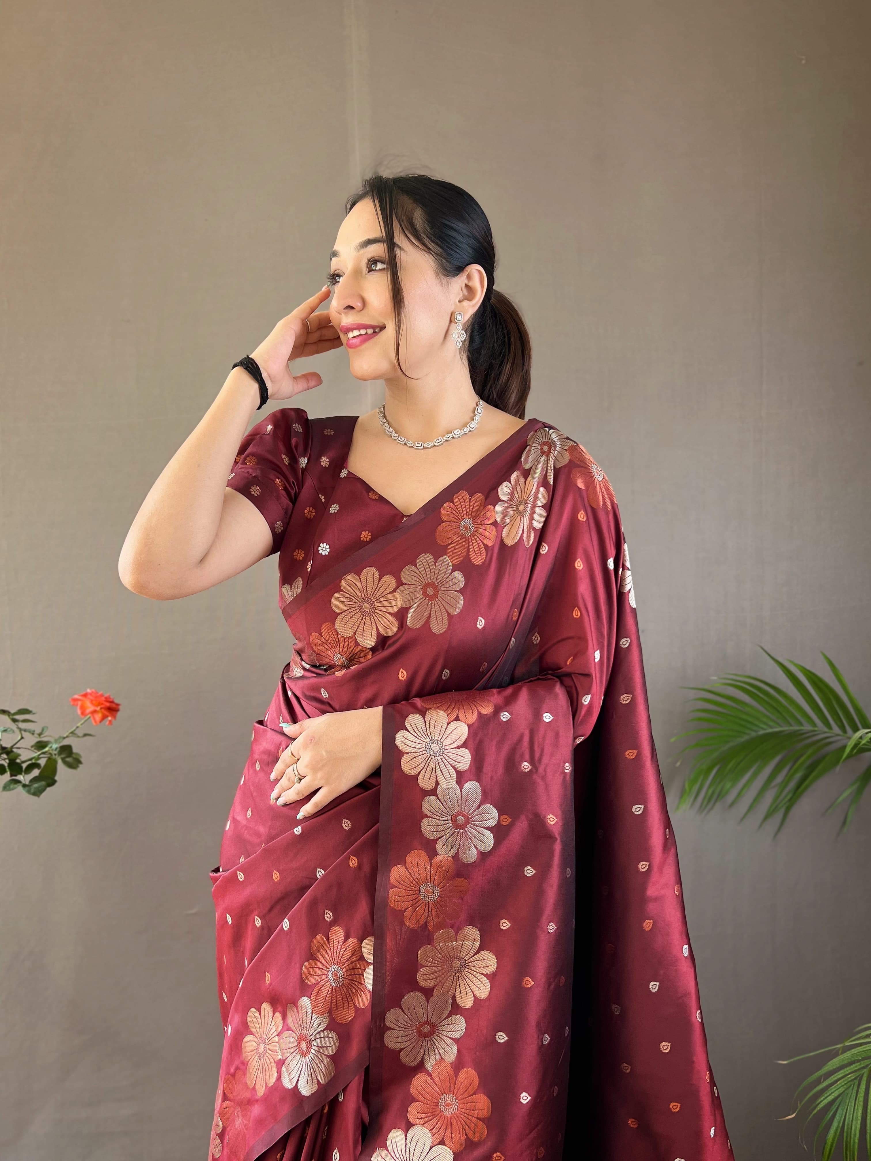 MAROON BROWN WOVEN BANARASI SILK SAREE