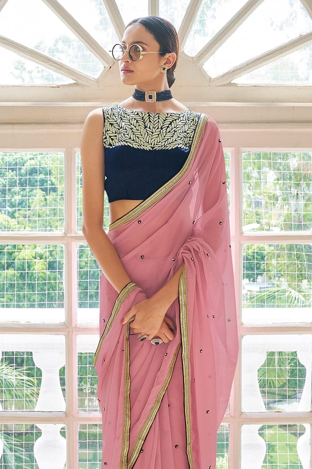 PEACH Georgette CRAPE ZARI, BEADS, LACE Designer Saree