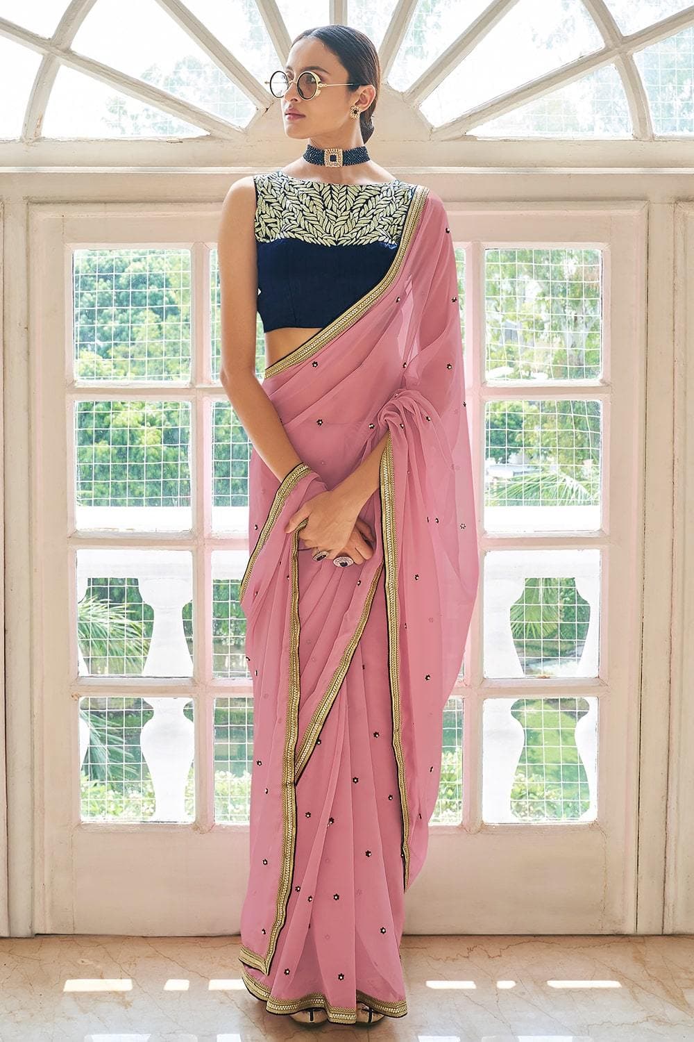 PEACH Georgette CRAPE ZARI, BEADS, LACE Designer Saree