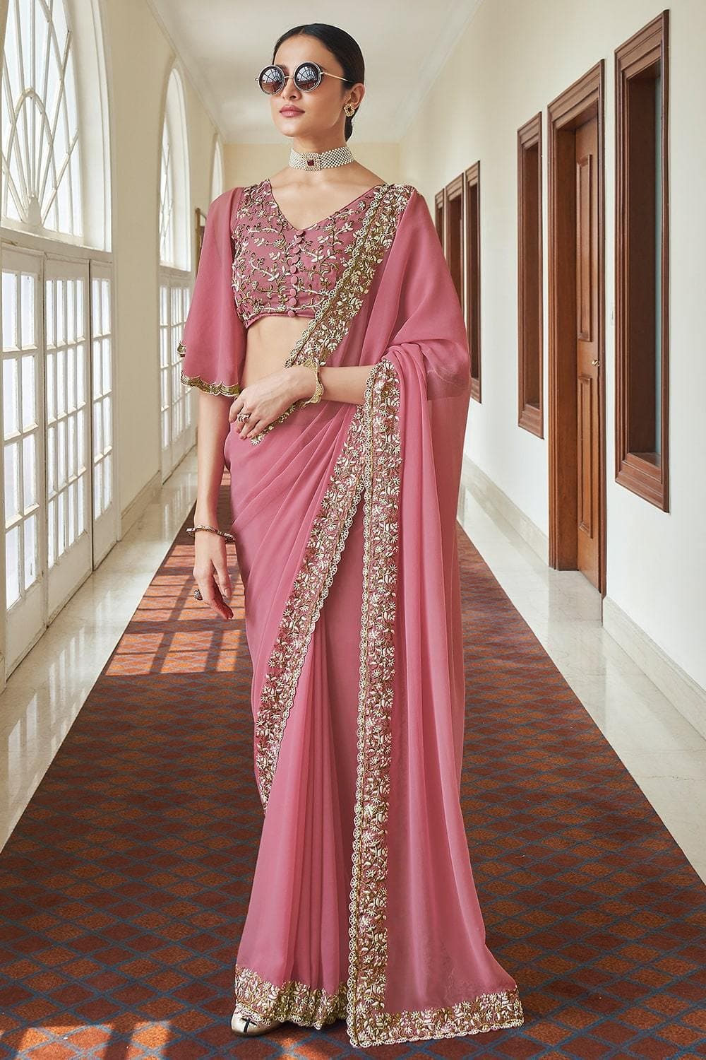 Pink Georgette RESHAM, ZARI, BEADS WORK  Designer Saree