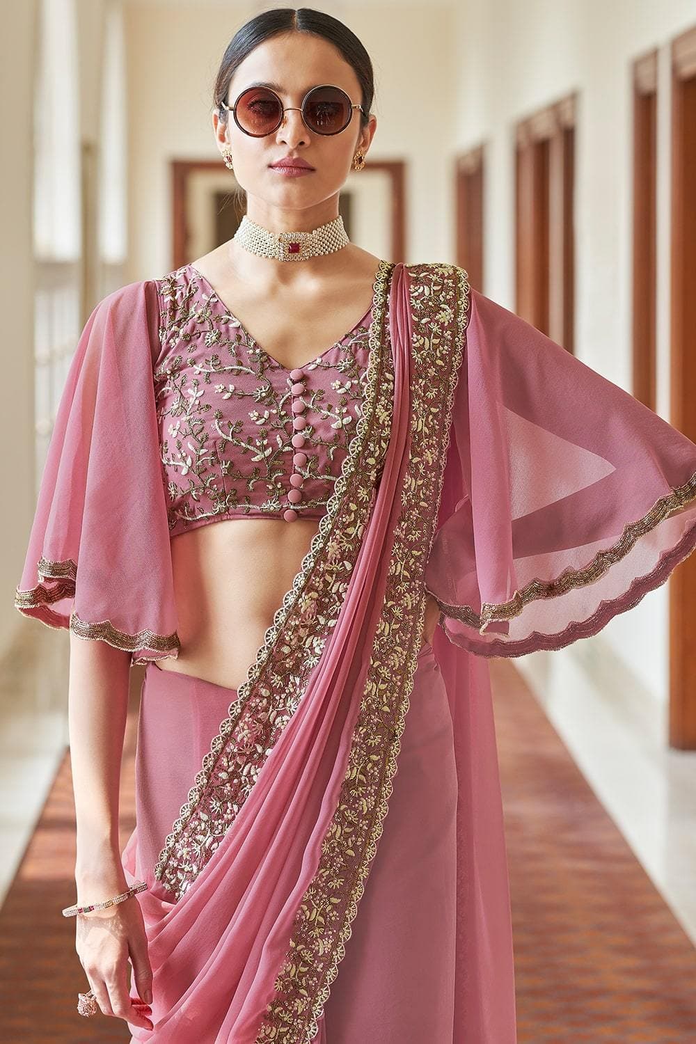 Pink Georgette RESHAM, ZARI, BEADS WORK  Designer Saree