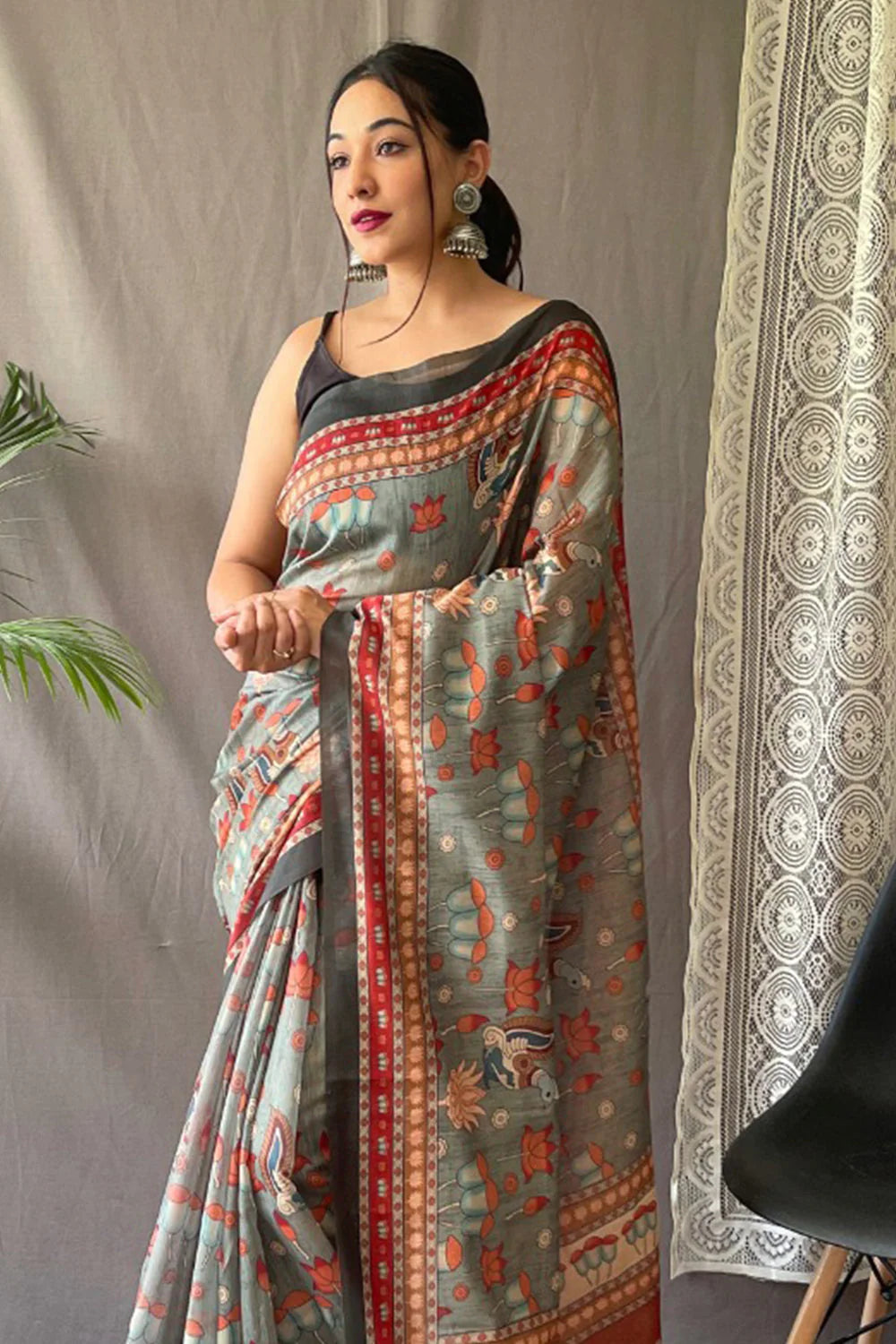 Greyish Blue Printed Cotton Silk Saree