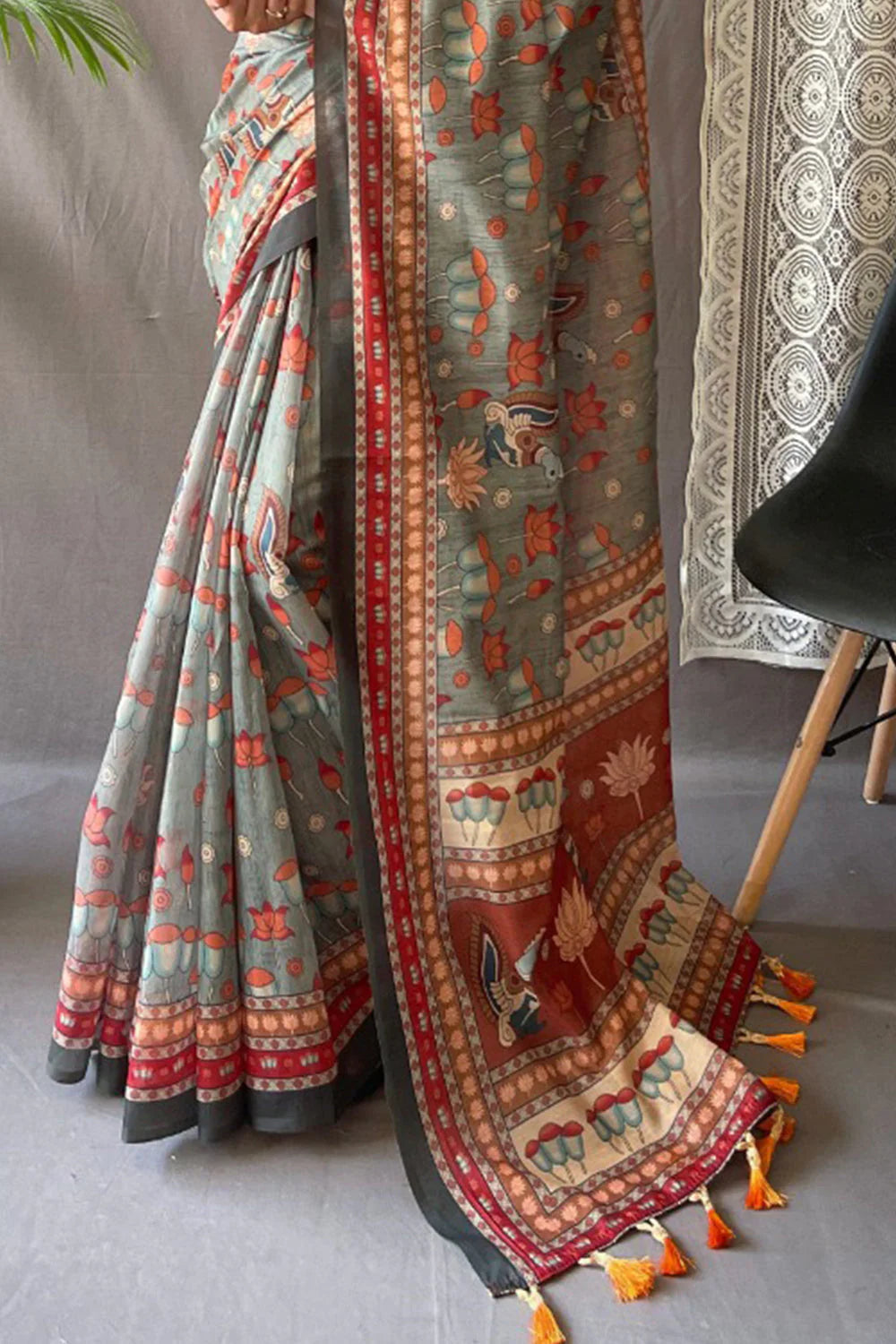 Greyish Blue Printed Cotton Silk Saree