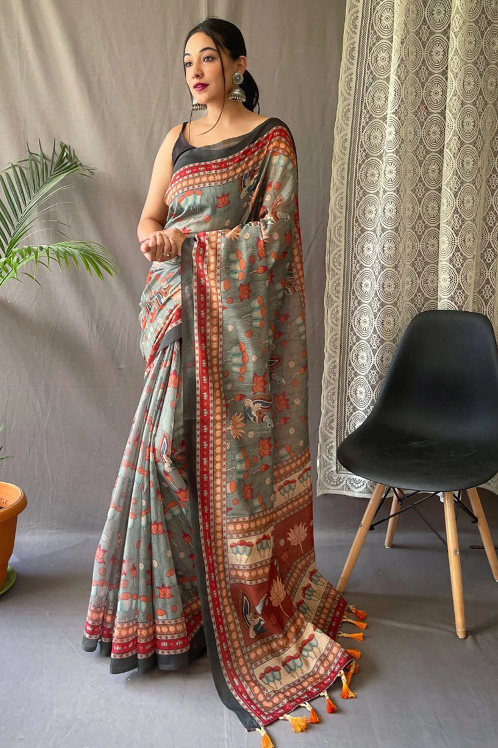 Greyish Blue Printed Cotton Silk Saree