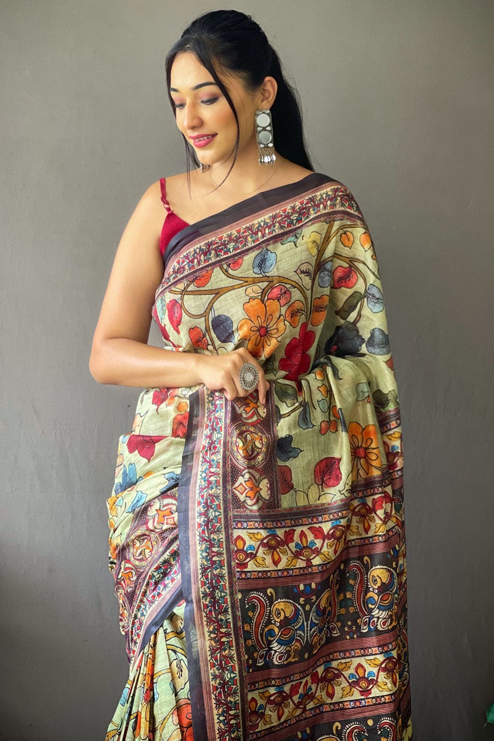 PITCH GREEN KALAMKARI PRINTED SOFT COTTON SAREE