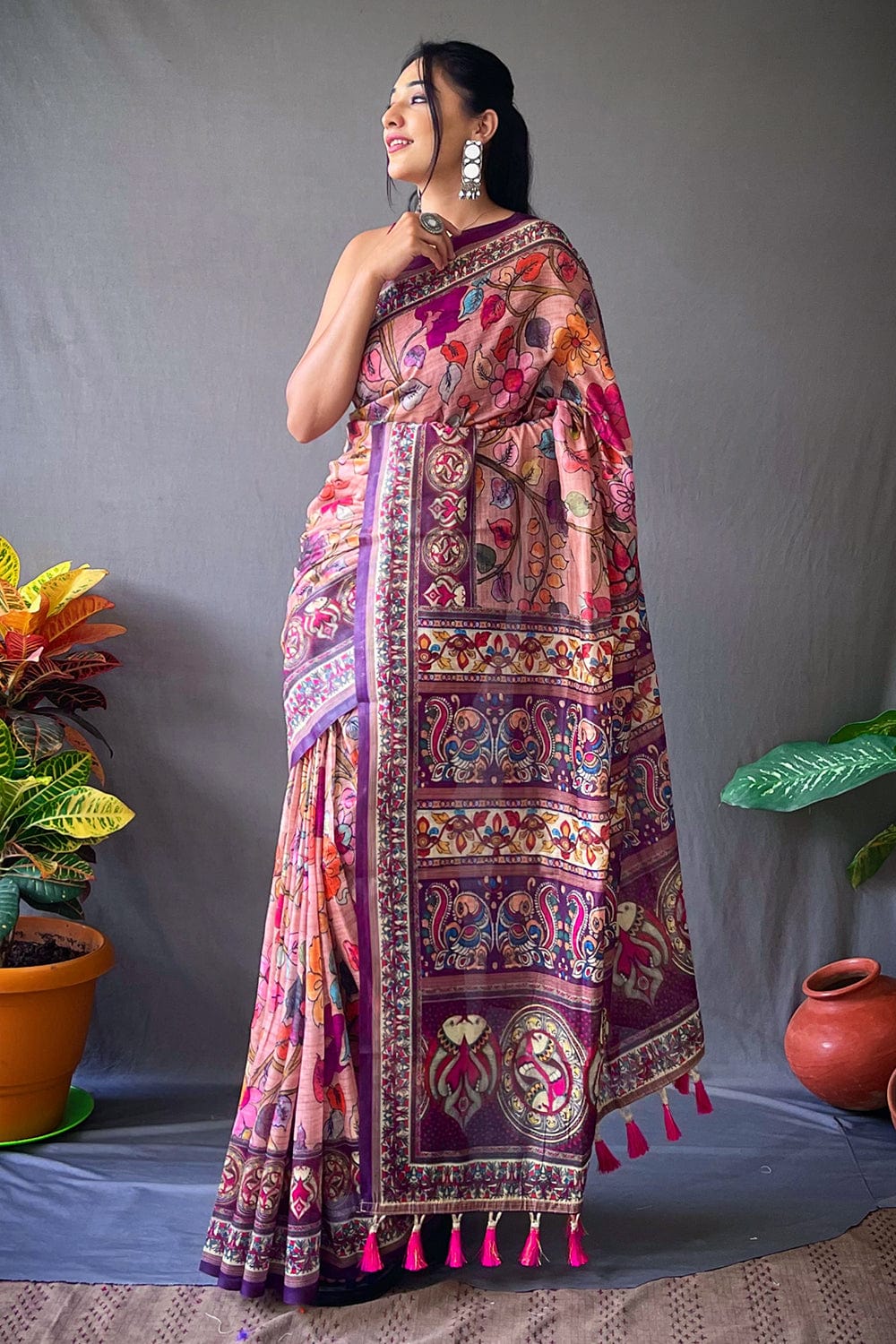 KOBI PINK KALAMKARI PRINTED SOFT COTTON SAREE