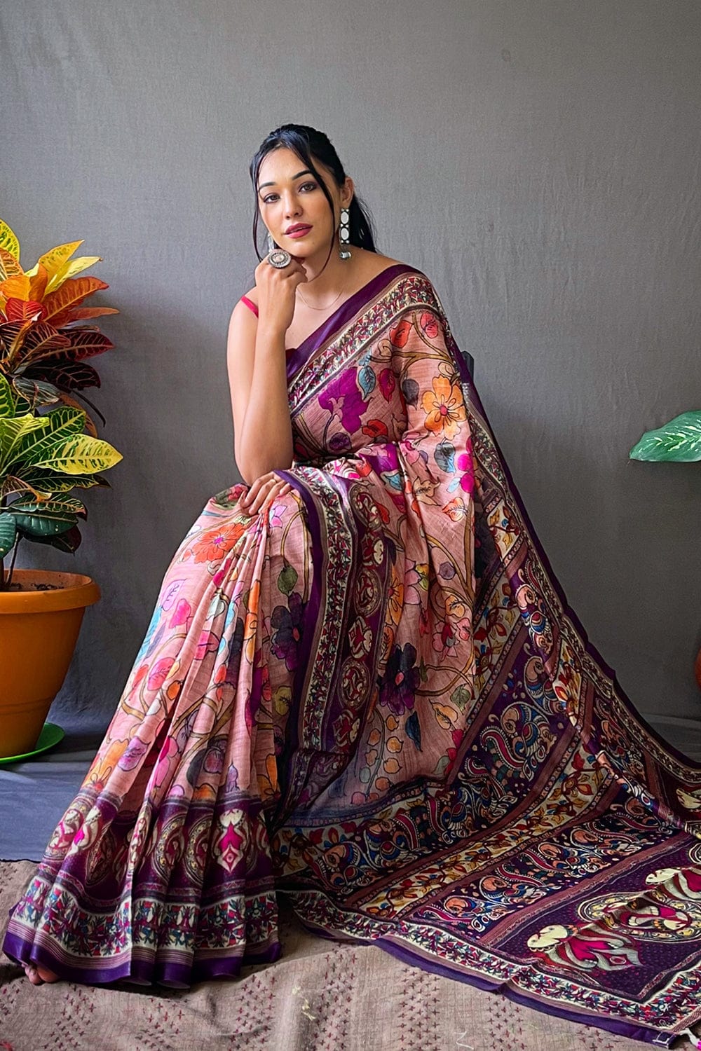 KOBI PINK KALAMKARI PRINTED SOFT COTTON SAREE