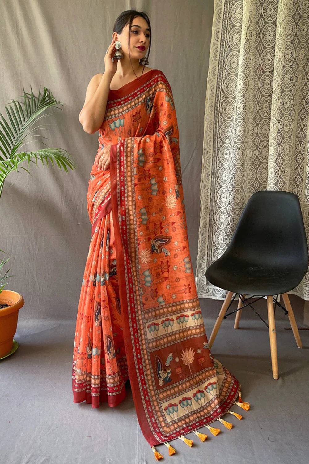 Orange kalamkari Printed Cotton Silk Saree