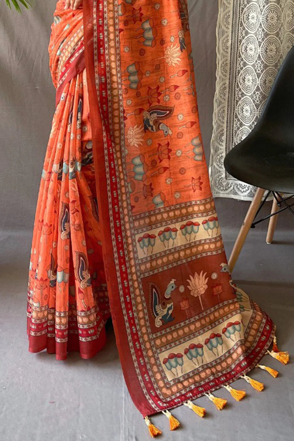 Orange kalamkari Printed Cotton Silk Saree