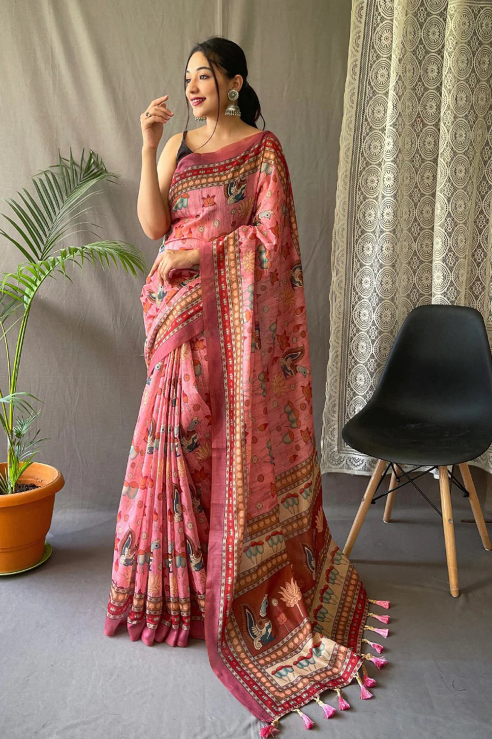 ROSE PINK kalamkari Printed Cotton Silk Saree