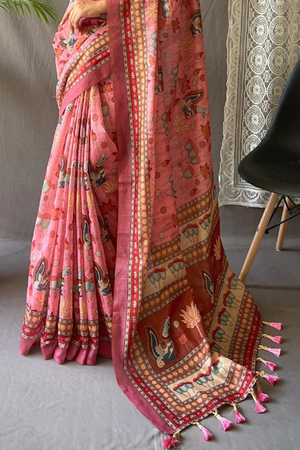 ROSE PINK kalamkari Printed Cotton Silk Saree