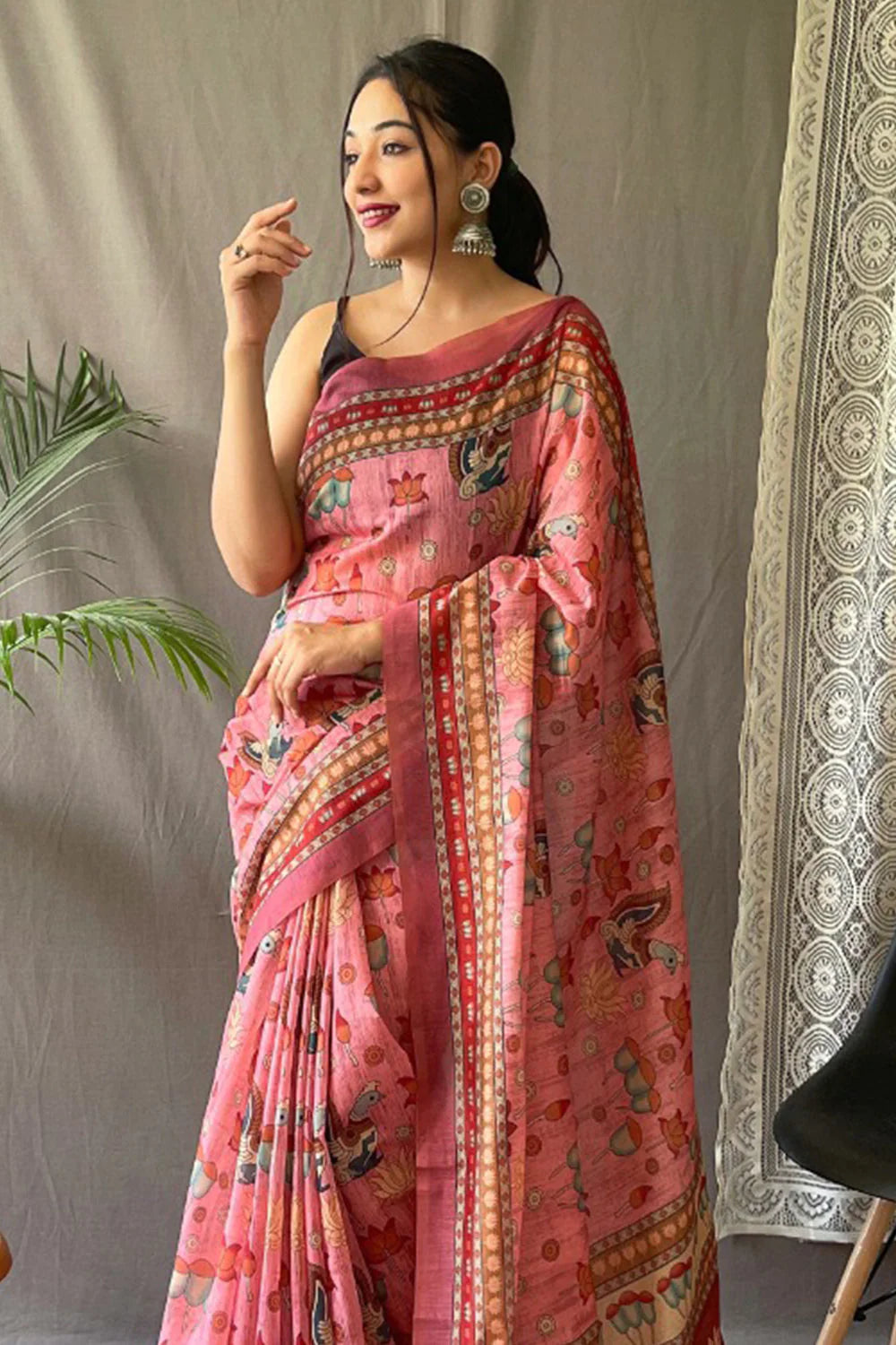 ROSE PINK kalamkari Printed Cotton Silk Saree