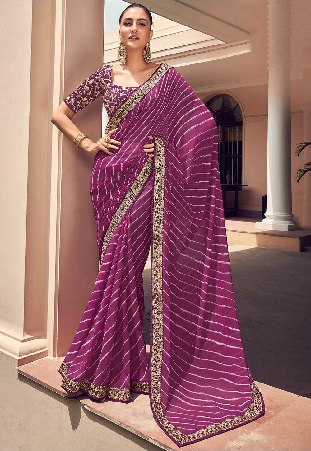 Mauve Purple Georgette Saree WITH Embroidery Border